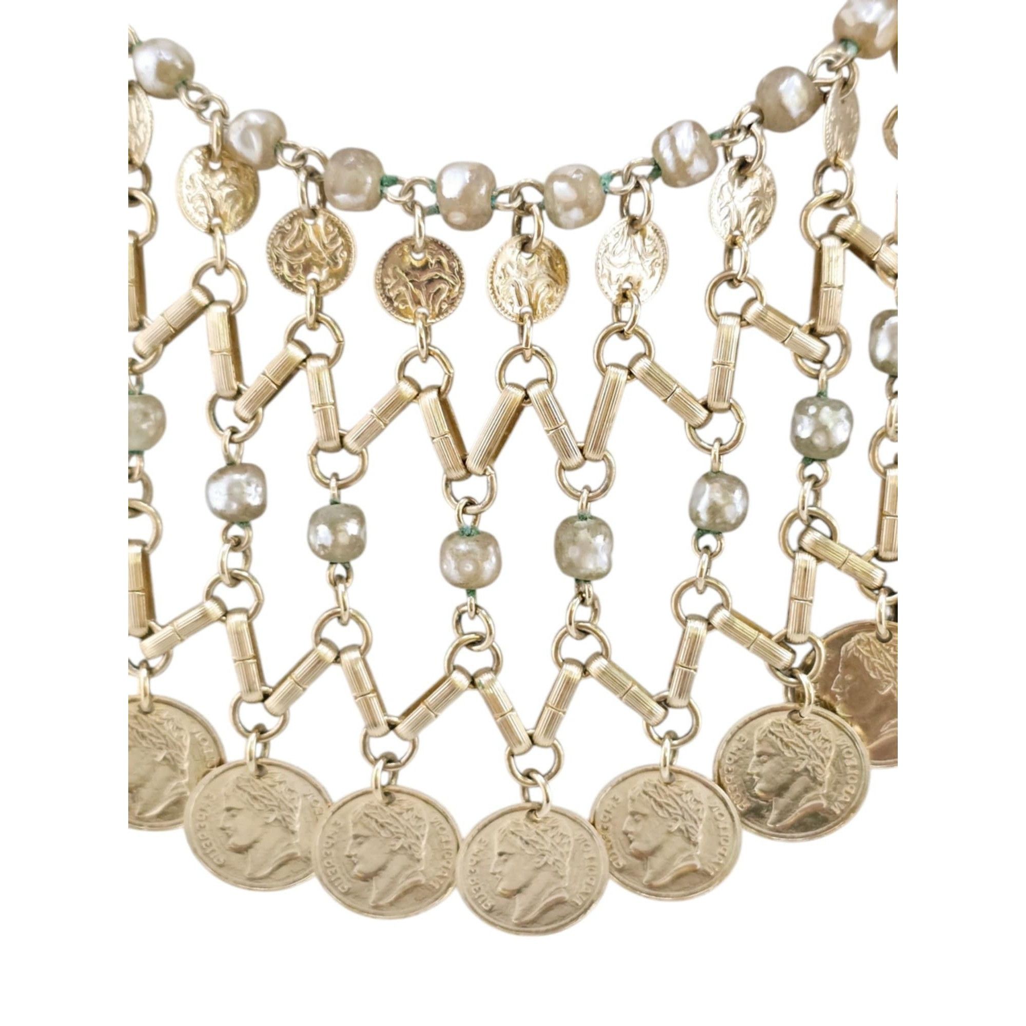Vintage Vintage 80s Faux Pearl & Coin Bib Necklace (A7867) Size ONE SIZE - 4 Thumbnail