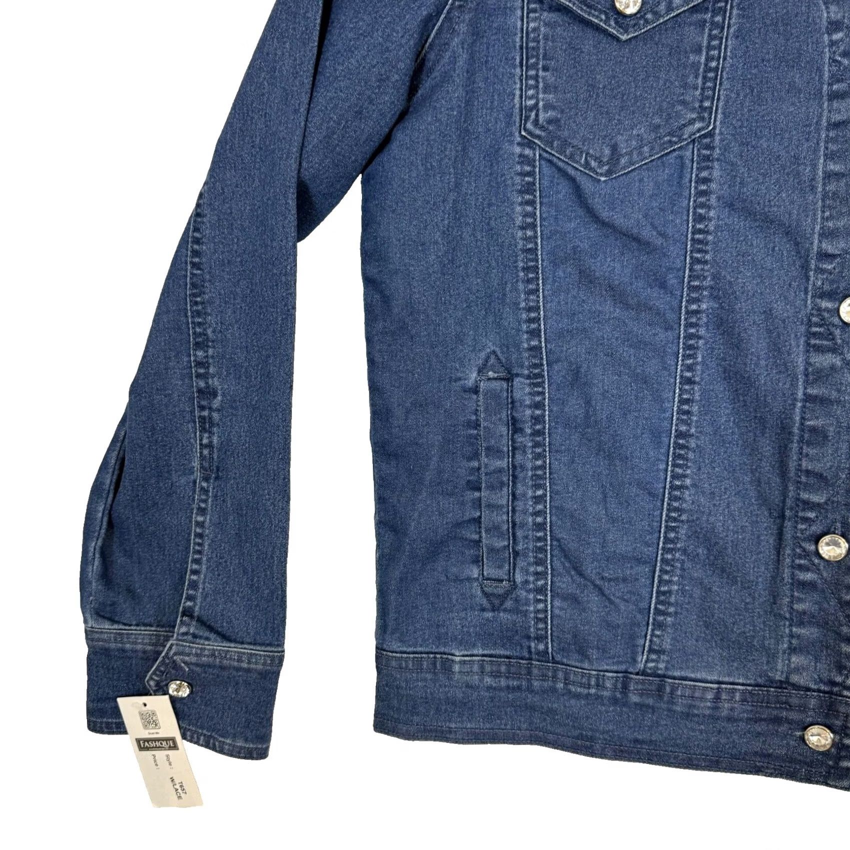 Vintage Fashque Studio Jacket Women's M Denim Blue Lace Stitch Rhinestone Buttons Pockets Sequin Lightweight Casual Size M / US 6-8 / IT 42-44 - 5 Thumbnail