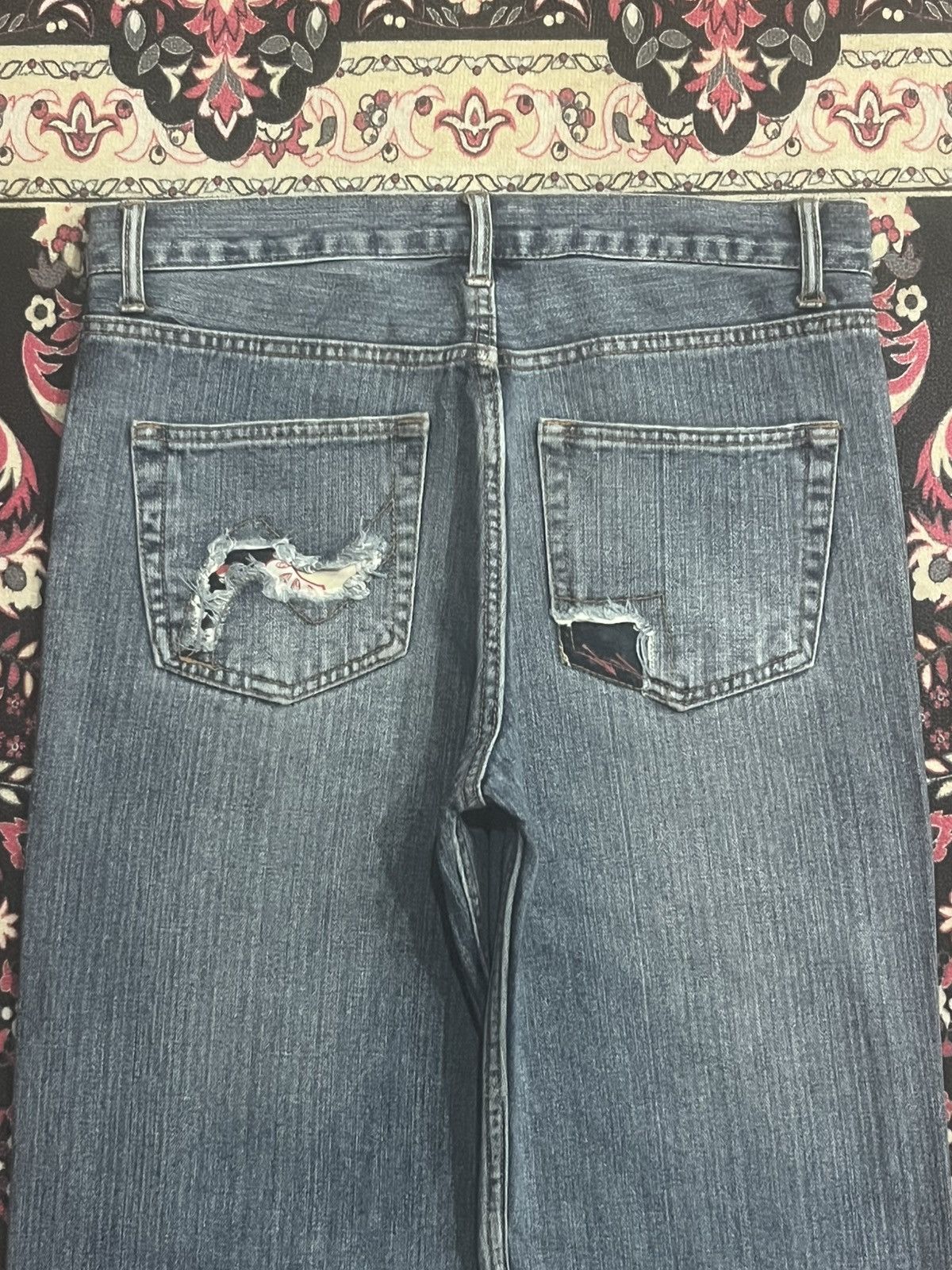 Japanese Brand Vintage Nylaus Floral Boho Patchwork Distressed Whisker Jean Size US 32 / EU 48 - 6 Thumbnail