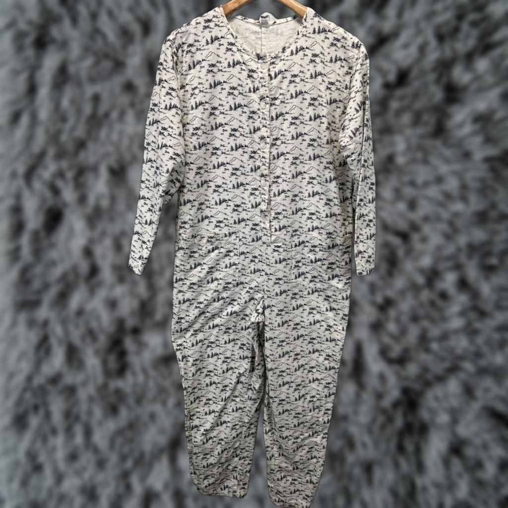 Lands' End VINTAGE Lands’ End Flannel One Piece Pajamas Small 6 8 White 1990s Sleepwear Womens Size ONE SIZE - 1 Thumbnail