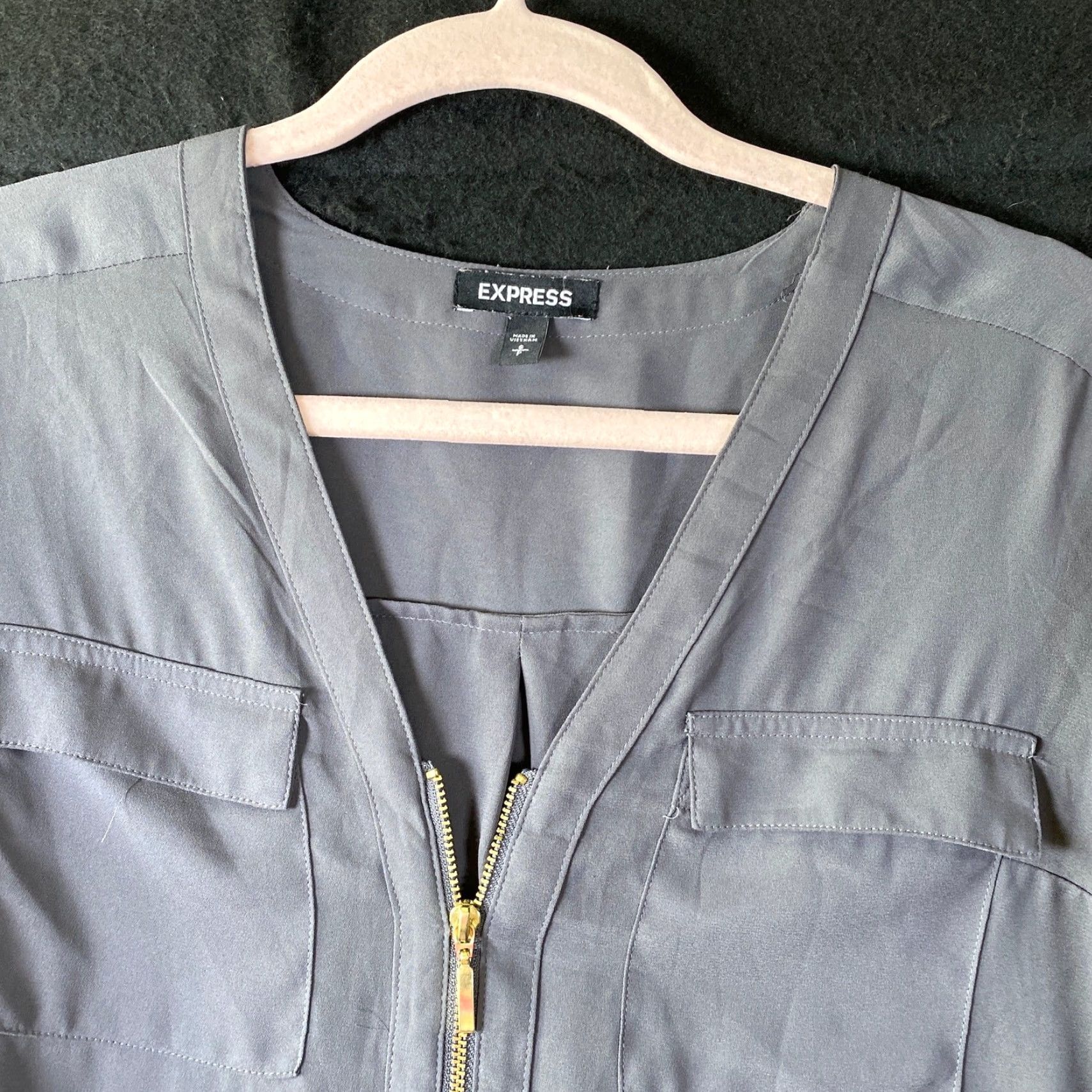 Express Express Blouse Gray V-Neck Zipper Roll Tab Sleeve Small Womens Size S / US 4 / IT 40 - 2 Thumbnail