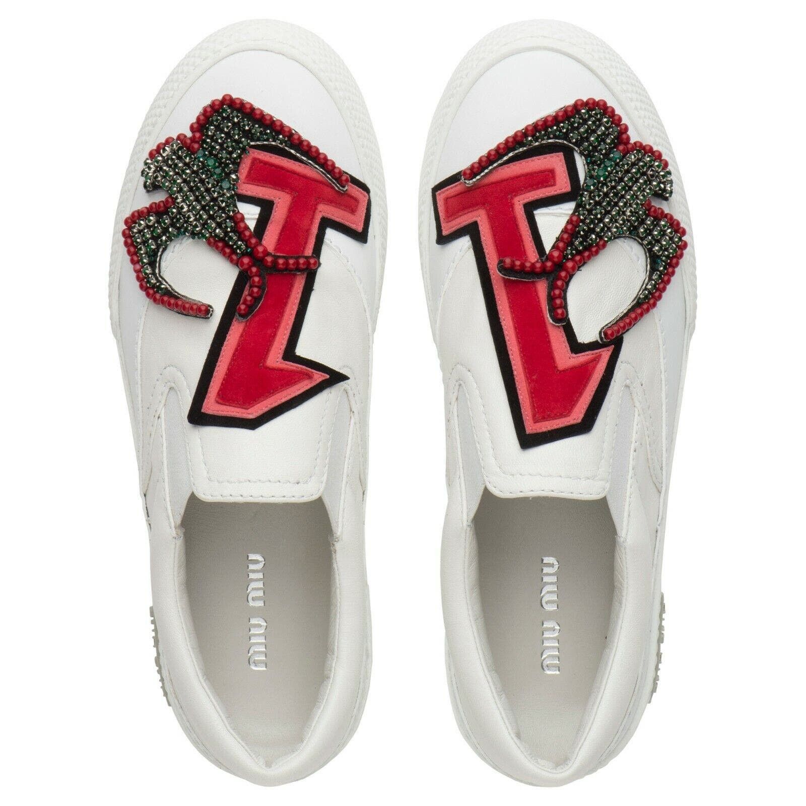 WHITE LEATHER EMBELLISHED PATCH LOGO SLIP ON SNEAKERS 34.5