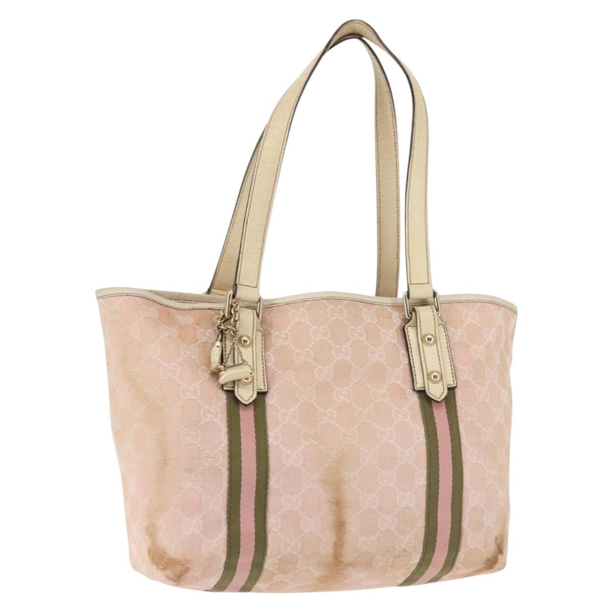 GUCCI GG Canvas Sherry Line Tote Bag Pink Gold Khaki