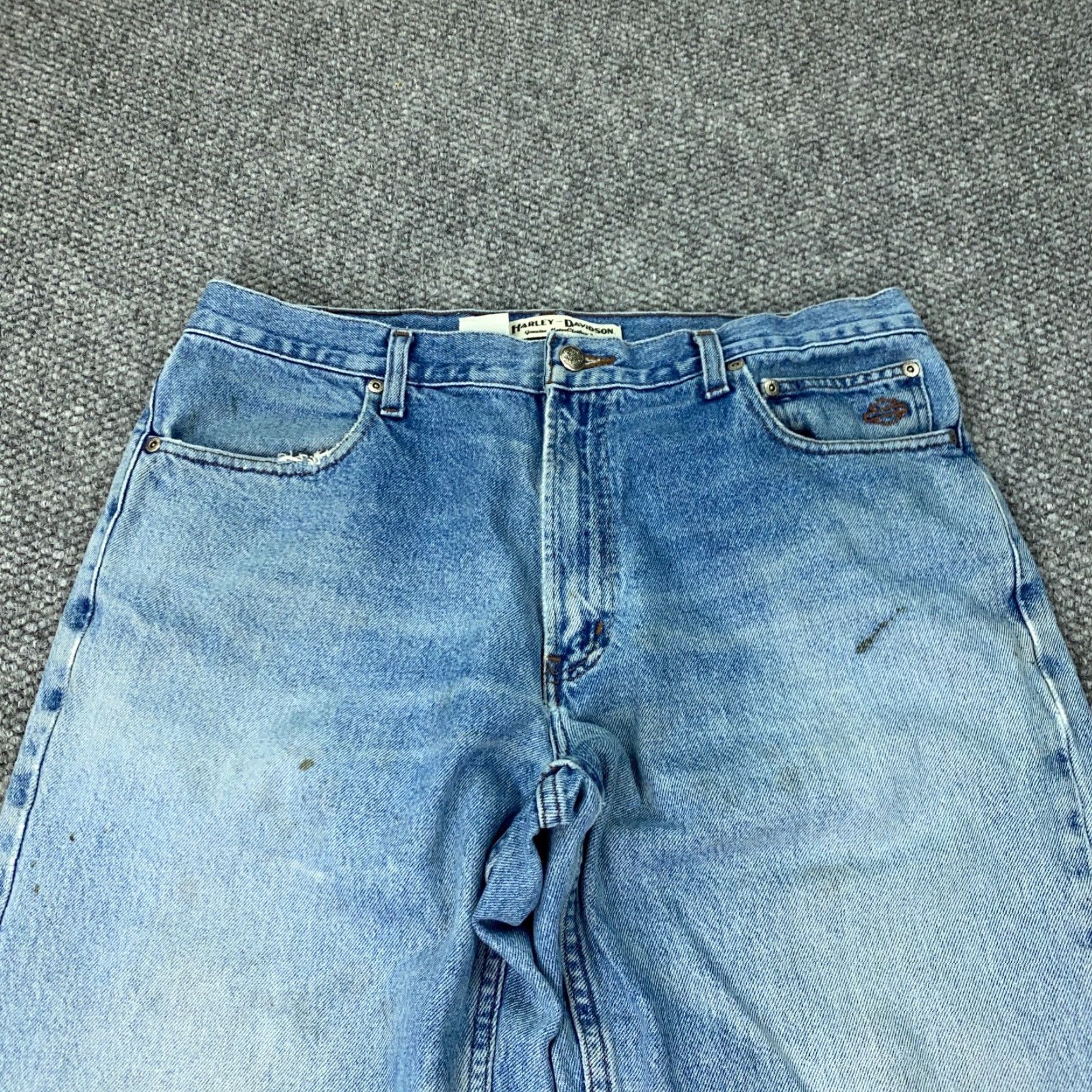 Harley Davidson VINTAGE Harley-Davidson Men's Jeans Size 36 Waist Blue Straight Fit Distressed Motorcycle Biker Size US 36 / EU 52 - 2 Thumbnail