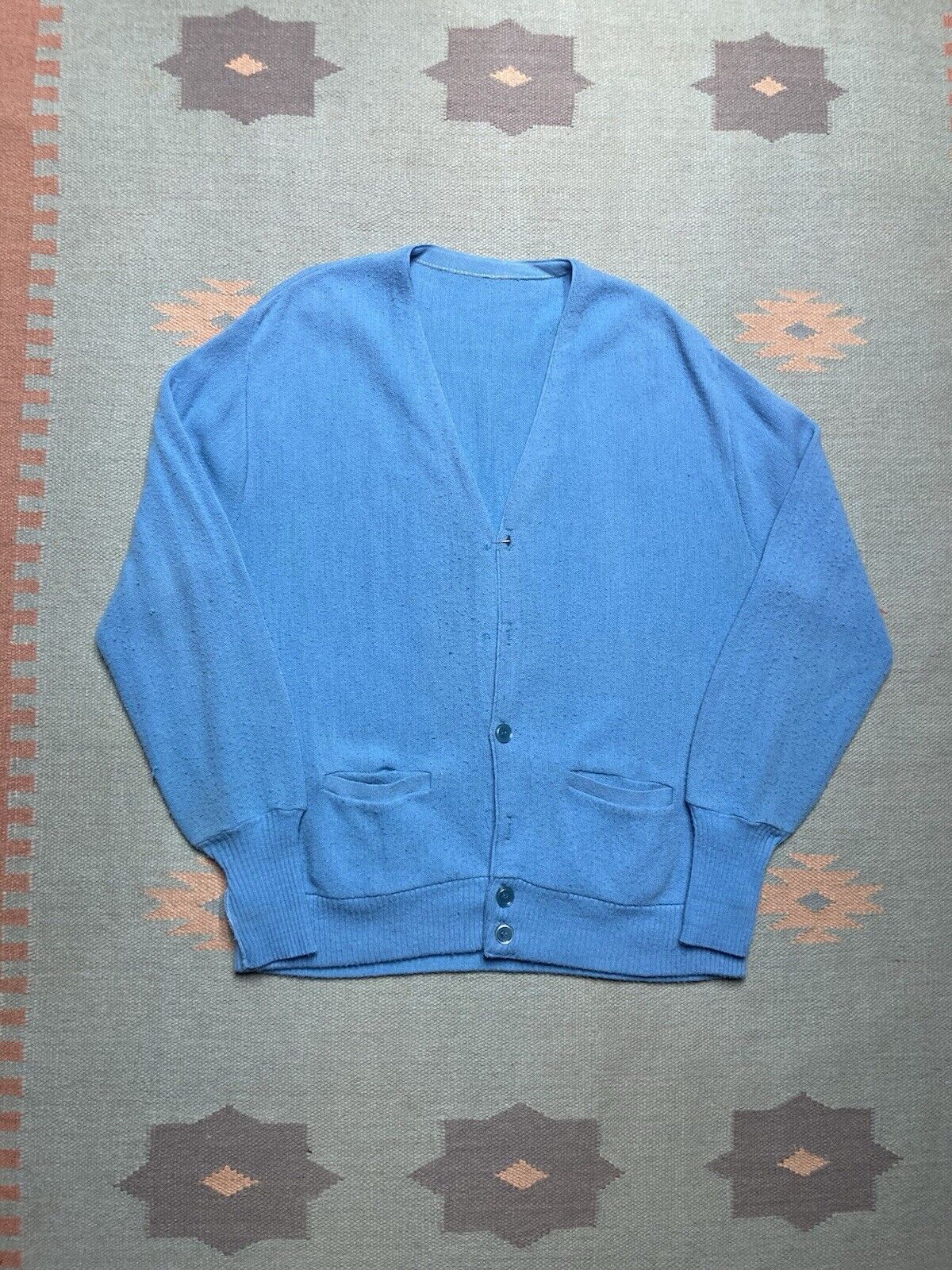 Vintage 70s cardigan sweater sky blue Kurt Cobain acrylic adult XL Size US XL / EU 56 / 4 - 1 Thumbnail