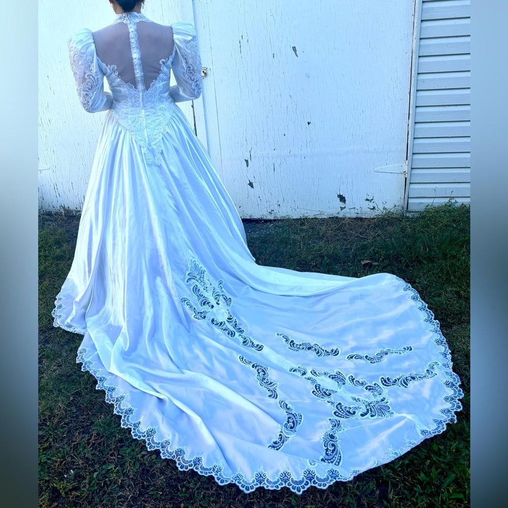 Designer Vintage 80s/90s Bridal Originals Wedding Satin Dress Size XS / US 0-2 / IT 36-38 - 2 Thumbnail