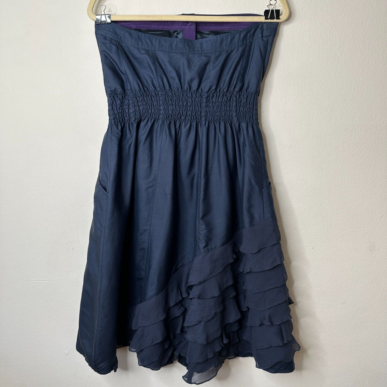 Modern Amusement Modern Amusement Strapless Navy Button Ruffle Dress Silk 6 Size M / US 6-8 / IT 42-44 - 4 Thumbnail