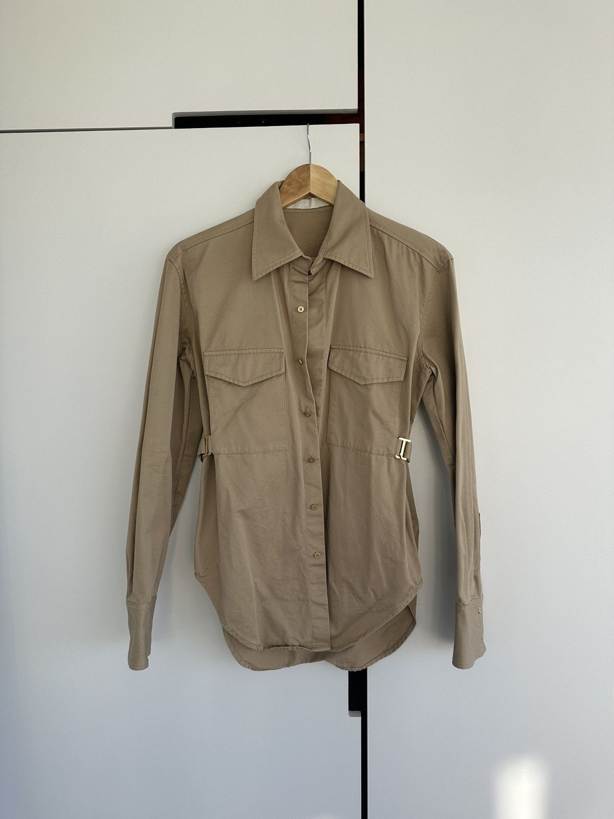 DION LEE BACK STRAP CINCH WAIST SHIRT BEIGE
