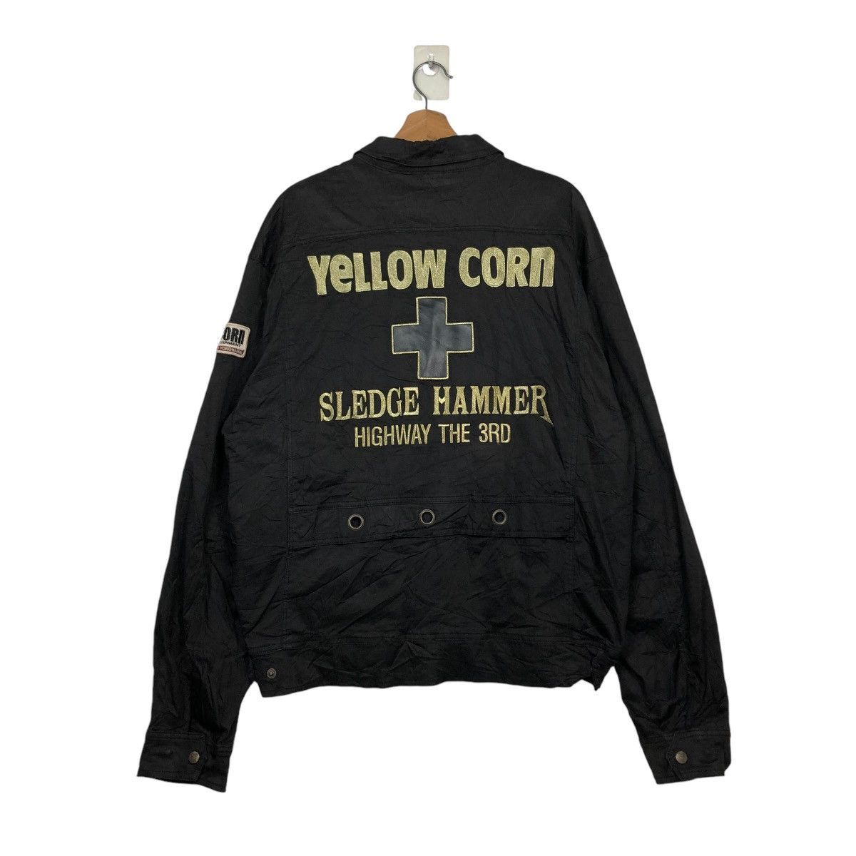 🔥VINTAGE BIKER JACKET YELLOW CORN BIG LOGO SLEDGE HAMMER