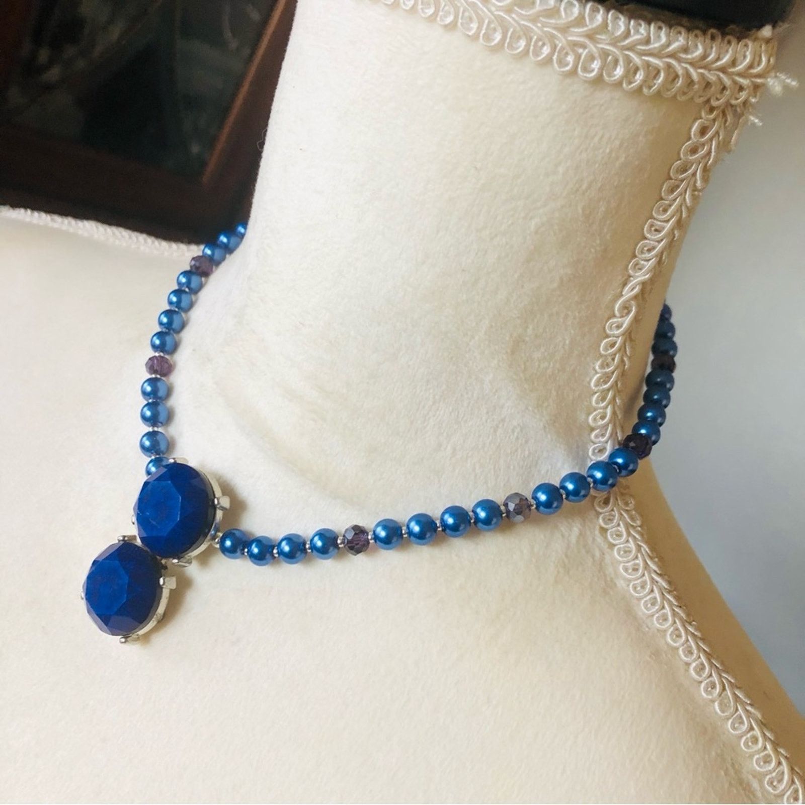 Handmade Handcrafted repurpose royal blue stone Pearl necklace Size ONE SIZE - 4 Thumbnail