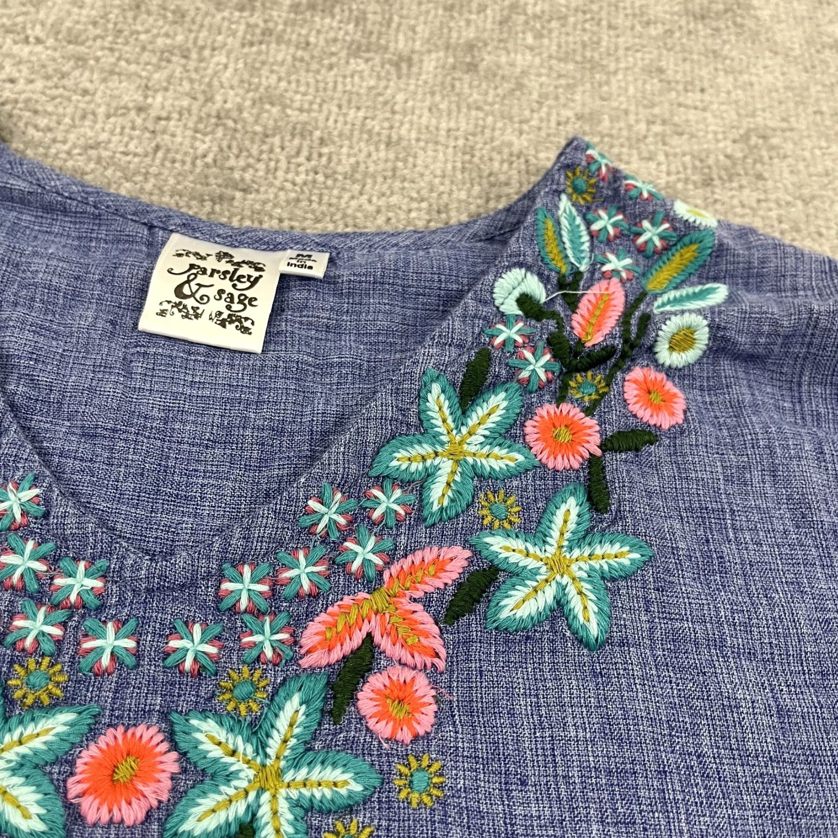 Vintage Parsley & Sage Blouse Womens Medium Blue Floral Embroidered 3/4 Sleeve Boho Casual Size M / US 6-8 / IT 42-44 - 2 Thumbnail