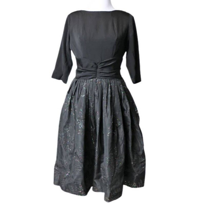 Vintage Vintage 1950s Black Evening Dress Flocked Skirt Glitter Med Size M / US 6-8 / IT 42-44 - 1 Thumbnail