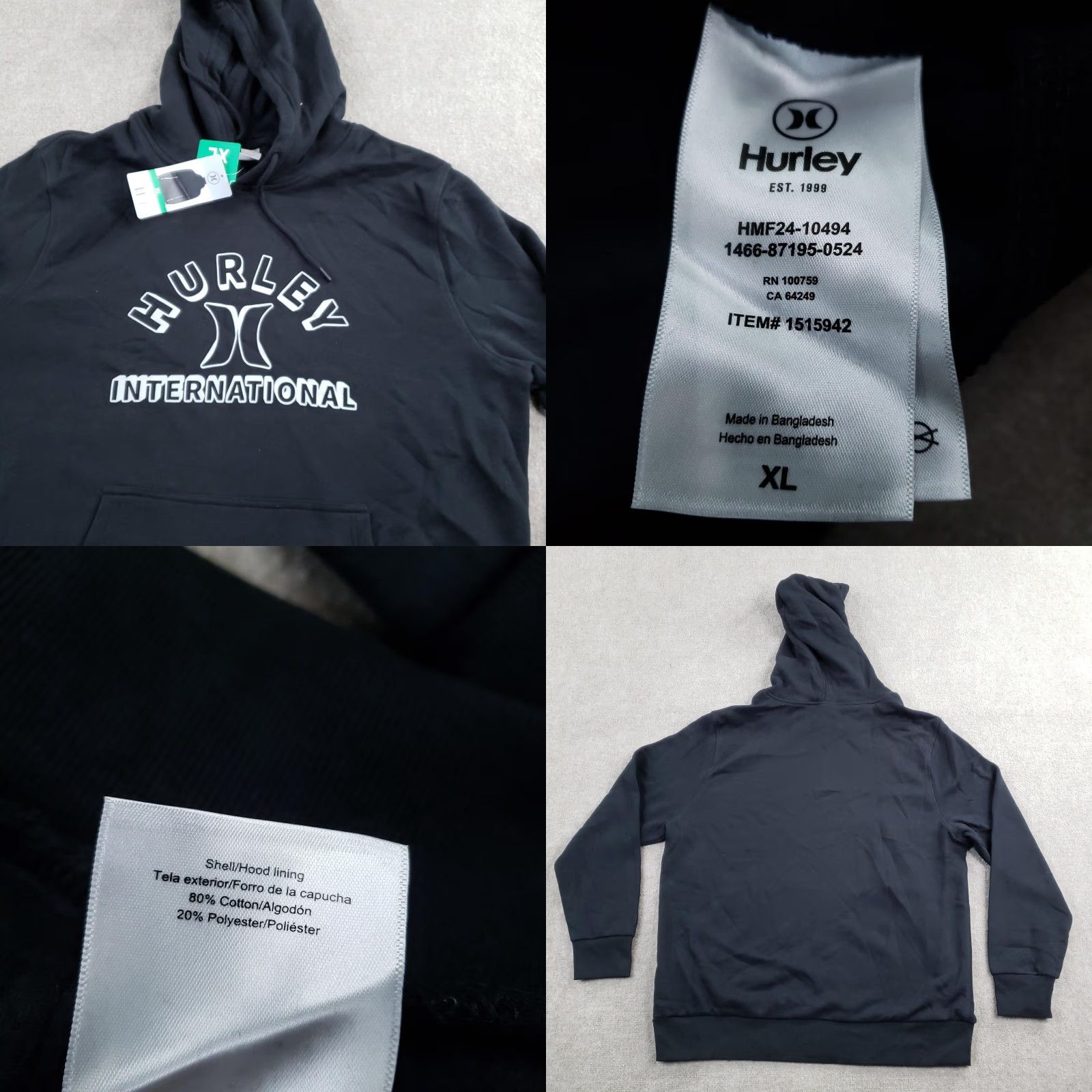 Hurley Hurley Hoodie Sweatshirt Mens XL Black Logo Pullover Fleece Hooded Pockets Graphic Print All Seasons Size US XL / EU 56 / 4 - 8 Thumbnail