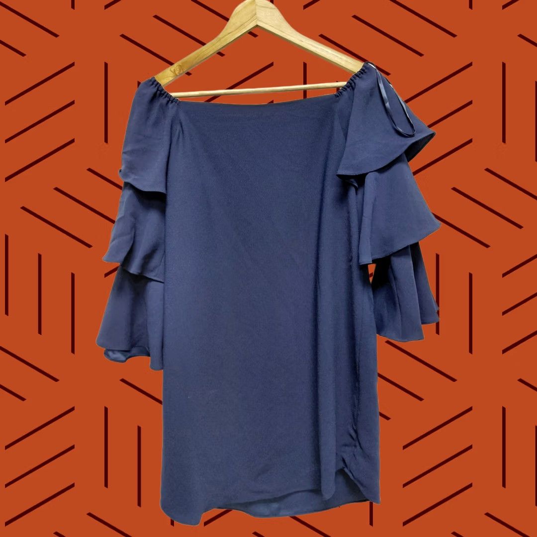 Nanette Lepore NANETTE LEPORE Off Shoulder Dress Blue Solid 3/4 Sleeve Layered Ruffle Knee Length Size 6 Womens Size M / US 6-8 / IT 42-44 - 1 Thumbnail
