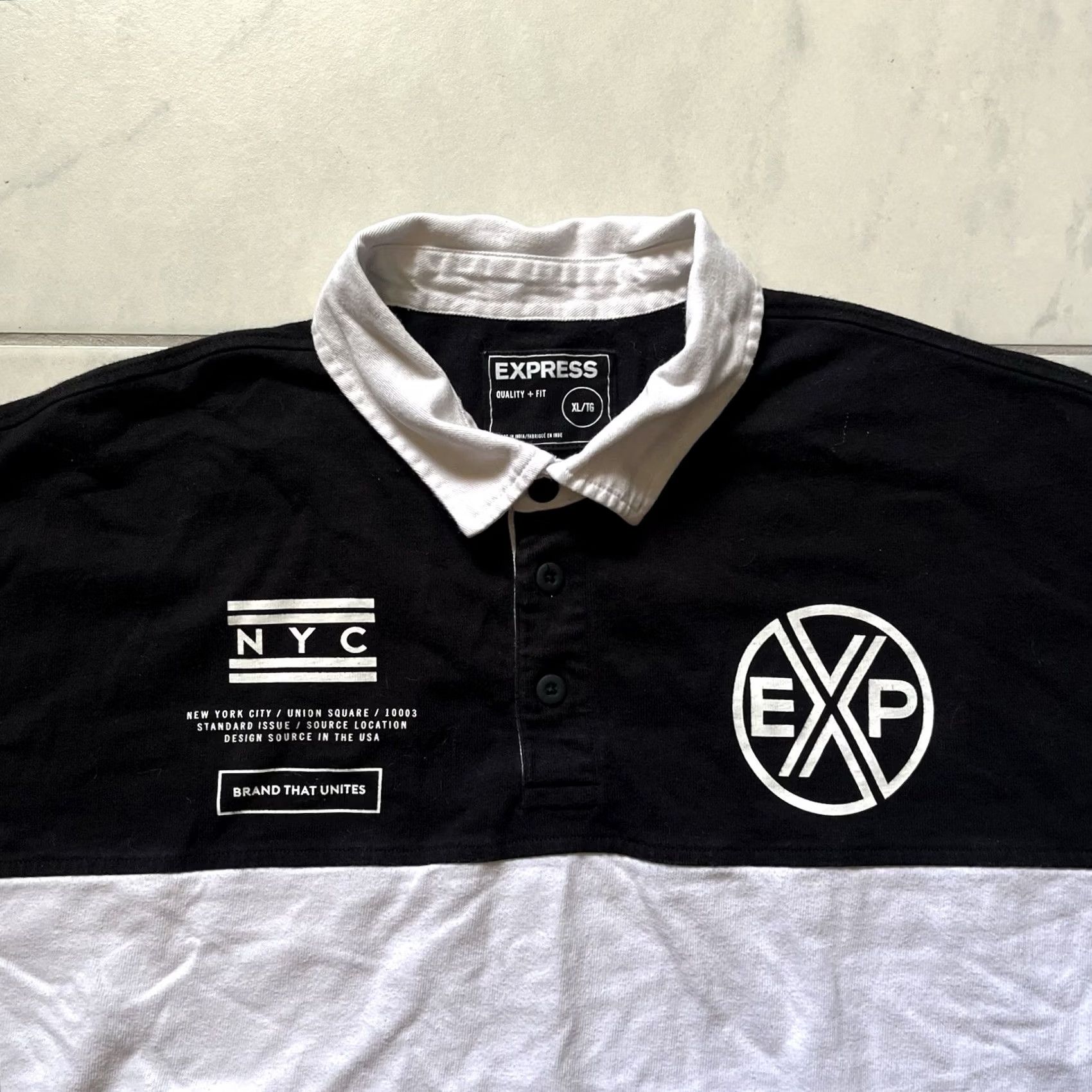 Express VINTAGE Express Polo Shirt XL Black White Mens Embroidered Cotton Sailor Rugby Size US XL / EU 56 / 4 - 2 Thumbnail