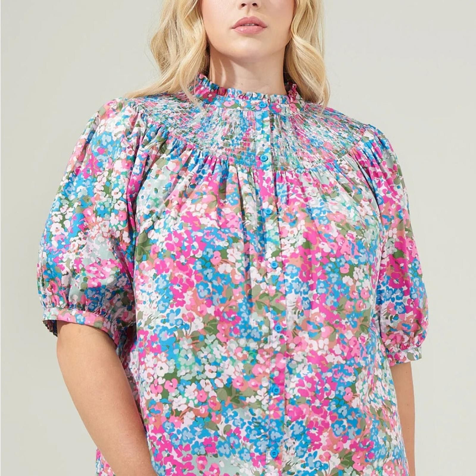 Designer SUGARLIPS Avery Blossom Floral Smocked Mock Neck Top Size S / US 4 / IT 40 - 6 Thumbnail