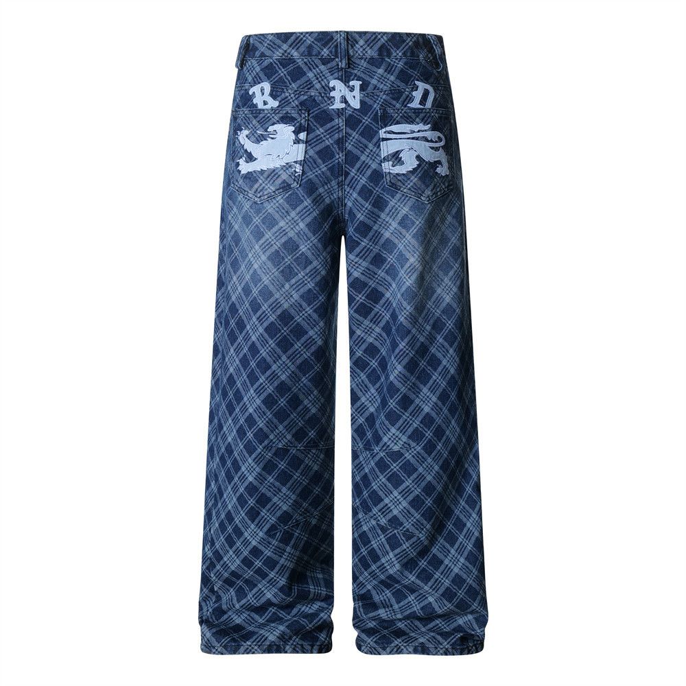 Jean Men's hip-hop distressed wide-leg embroidered plaid jeans Size US 32 / EU 48 - 1 Thumbnail