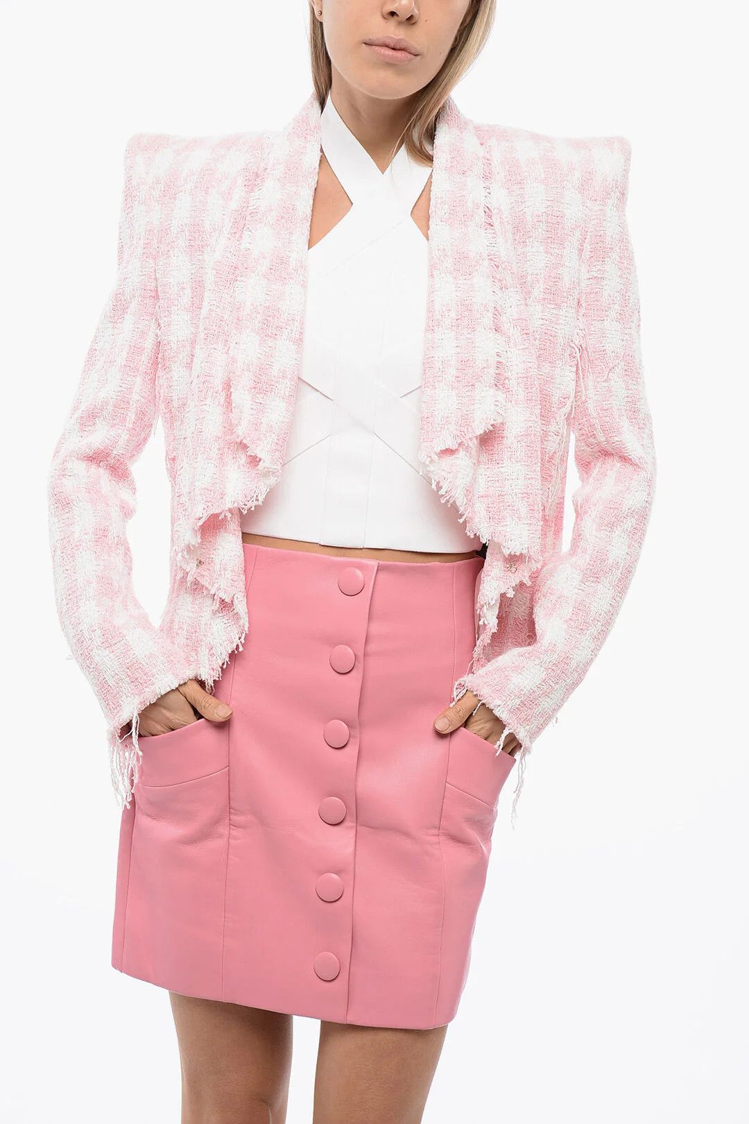 Balmain og1mm0326 Fringed Tweed Jacket in Pink Size XS / US 0-2 / IT 36-38 - 1 Thumbnail