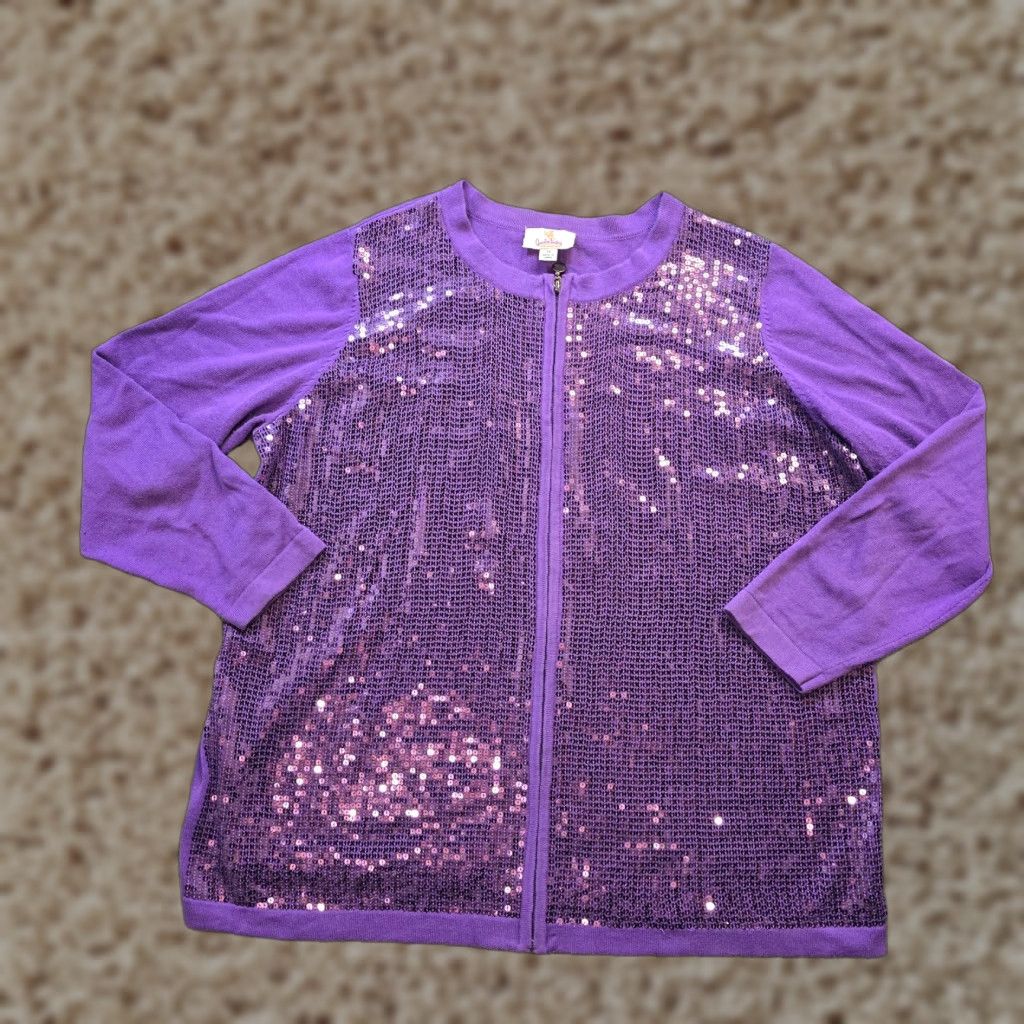 Quacker Factory Quacker Factory Cardigan Sweater 1X Purple Sequin Full Zip Womens Plus Size Holiday Casual Party Knit Front Sequin Cardigan Size XL / US 12-14 / IT 48-50 - 1 Thumbnail