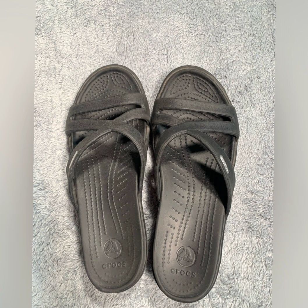 Crocs CROCS Black Strappy Slide Sandals Women US Size 9 Rubber Slip-On Size US 9 / IT 39 - 3 Thumbnail