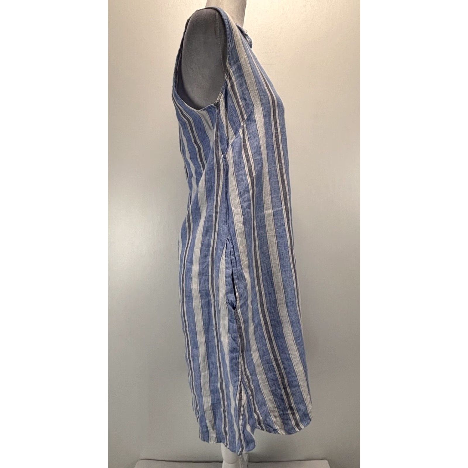 Vintage Blue Linen Striped Shirt Dress Small Sleeveless Pockets Preppy Womens Size S / US 4 / IT 40 - 4 Thumbnail