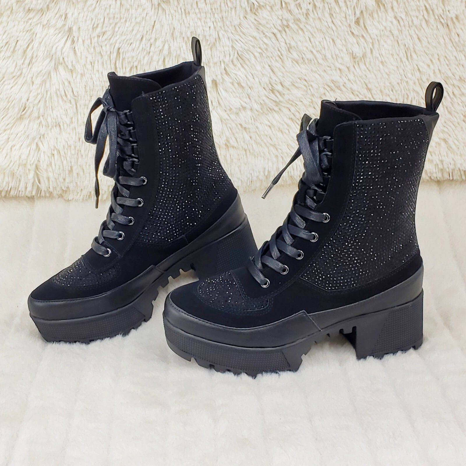 Diva Shine Black Rhinestone Lace Up Platform Combat Ankle Bo