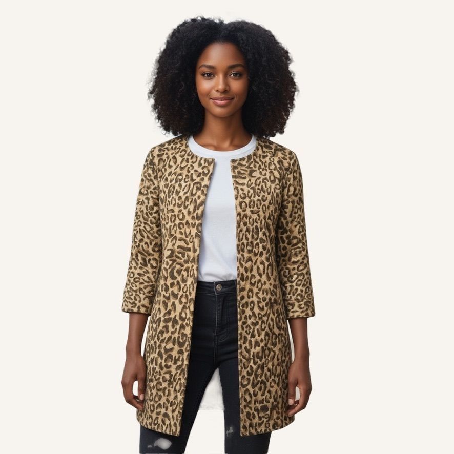 Anthropologie Leopard Coat Jacket Small Midi Twill 3/4 Sleeves Simple Coll Size S / US 4 / IT 40 - 1 Thumbnail