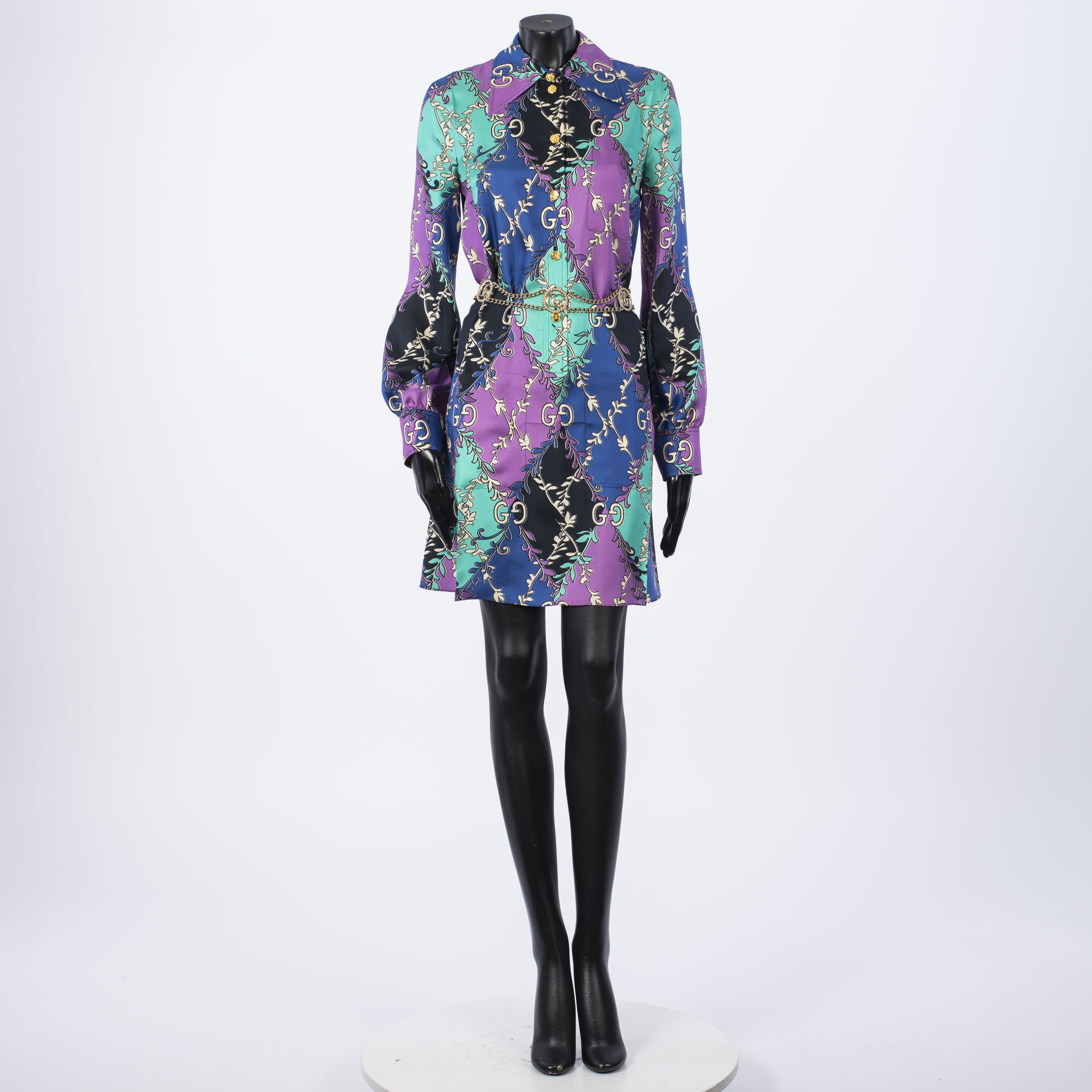 Gucci Silk GG Rhombus Ramage Shirt Dress With Chain Belt Size M / US 6-8 / IT 42-44 - 1 Thumbnail