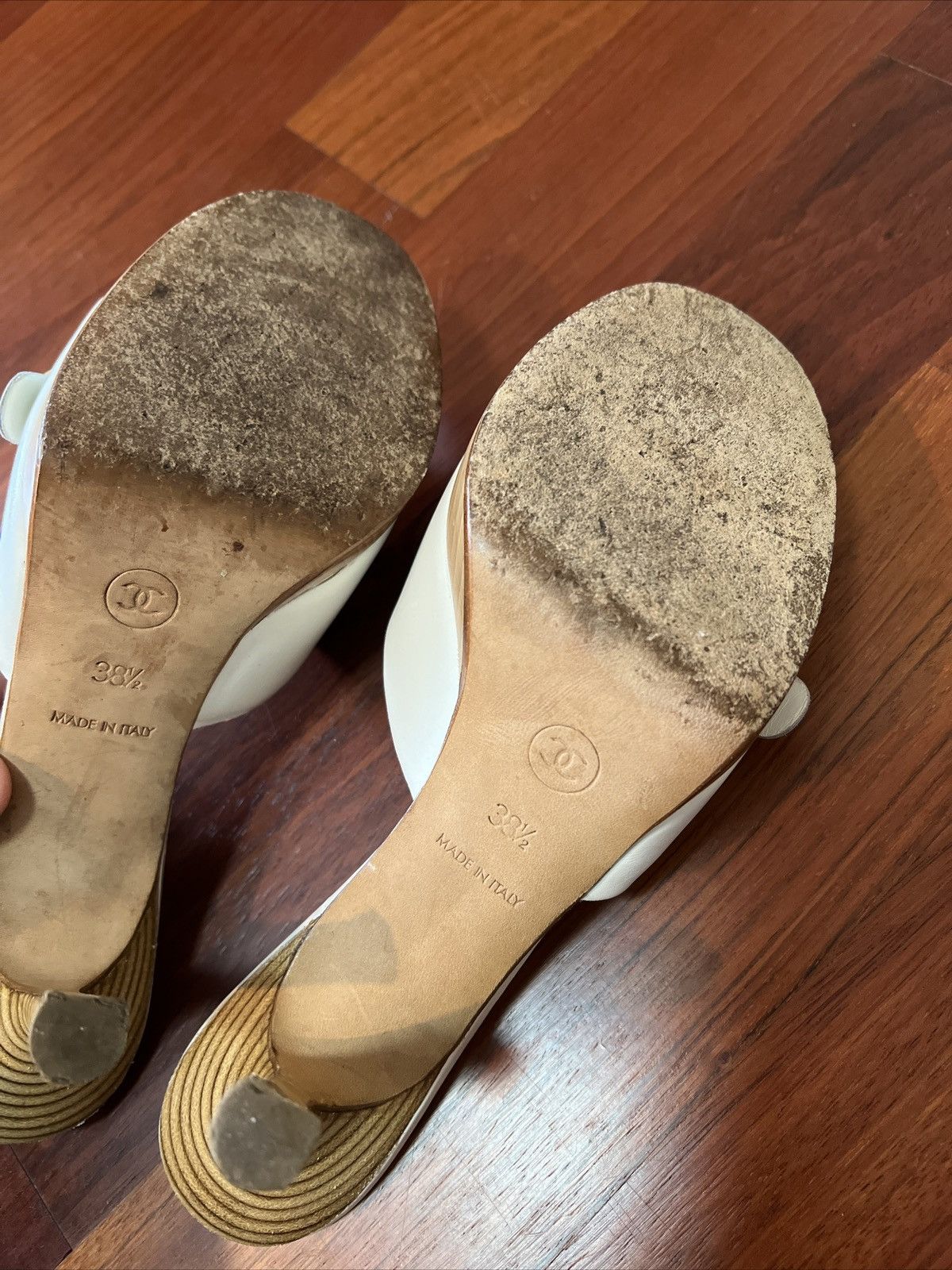Vintage Chanel Wood Sole Heel White Gold Accents 38.5 Wmns