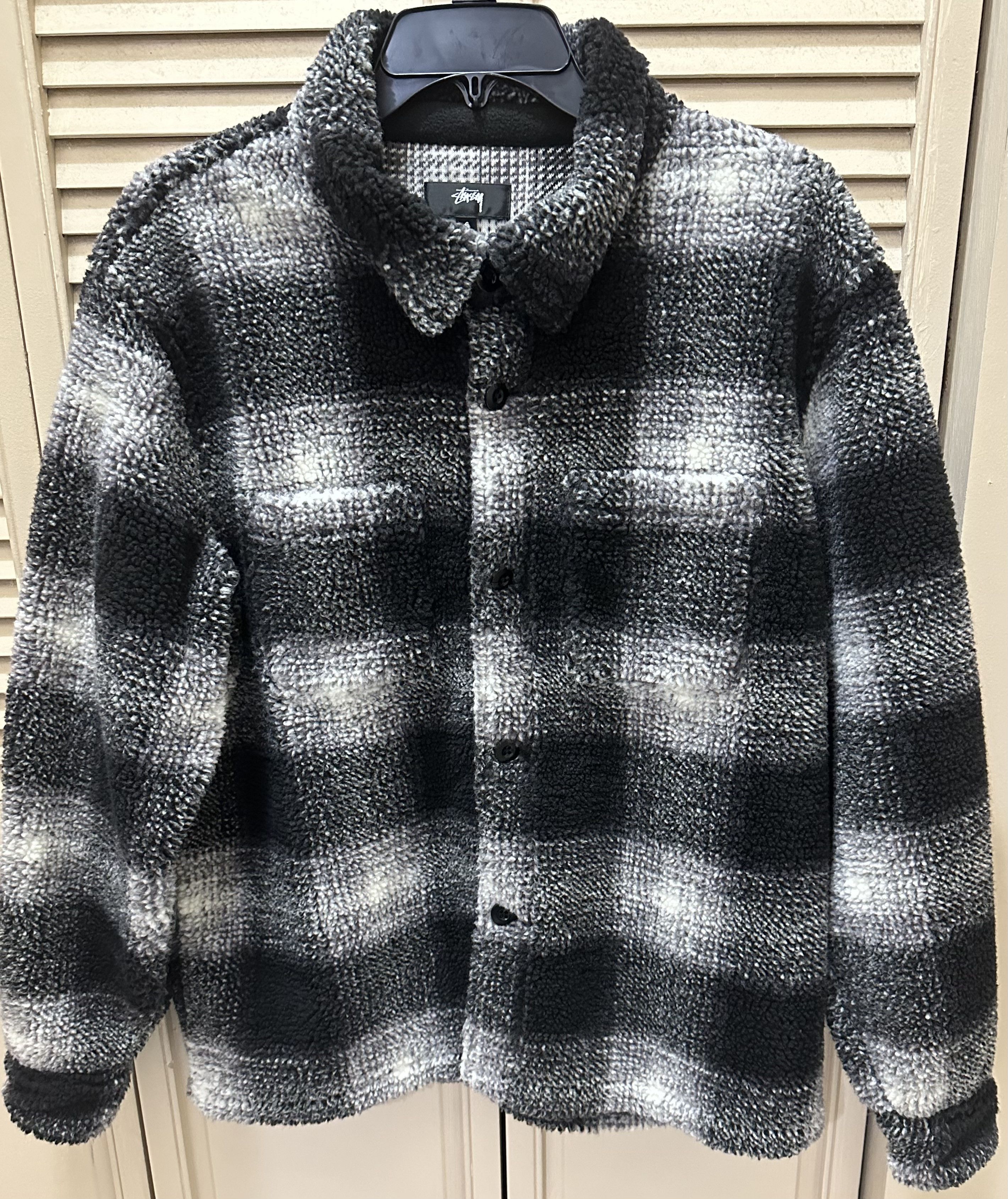 image of Stussy Plaid Sherpa Shirt in Black, Men's (Size Small)