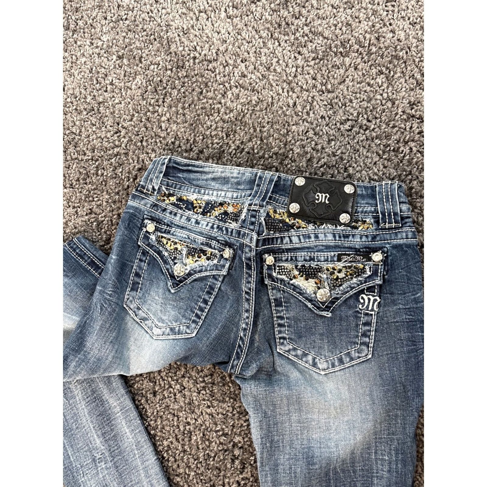 Miss Me VINTAGE Miss Me Jeans Low Rise Skinny 29x31 Bejeweled Rhinestone Blue Womens Girls Pants 2000s Y2K Skinny Jeans Size 29" - 3 Thumbnail