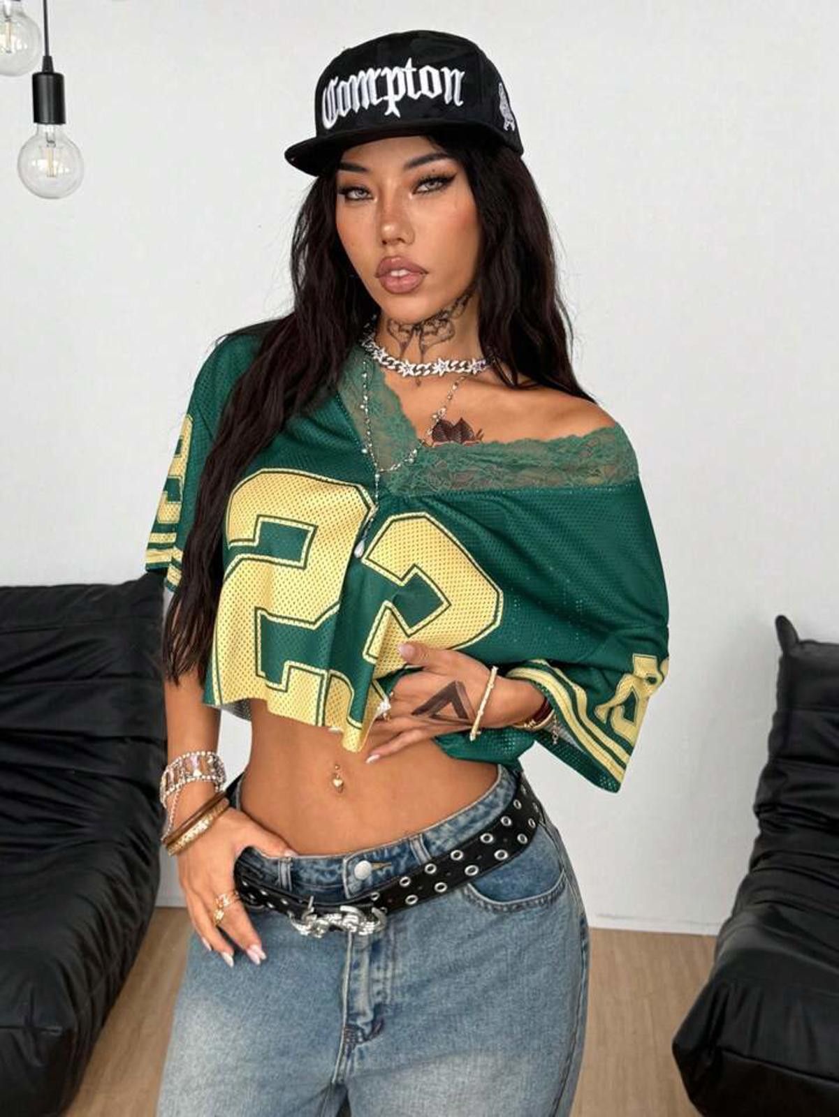 Other Green and Yellow Lace Trim Mesh Crop Top Jersey Size ONE SIZE - 2 Thumbnail