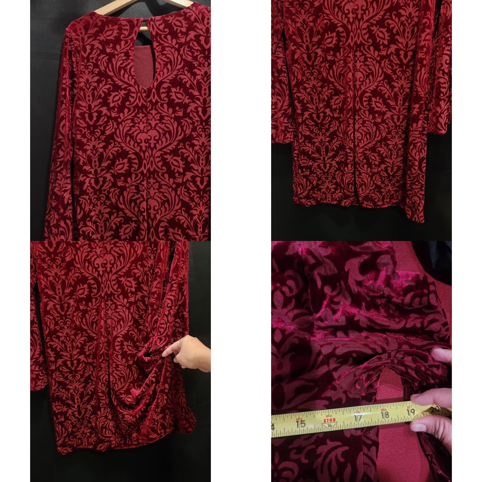 Velvet Beige By Eci Dress Womens Medium Red Velvet Floral Bell Sleeve Shift Party Short Size 32" / US 10 / IT 46 - 9 Thumbnail