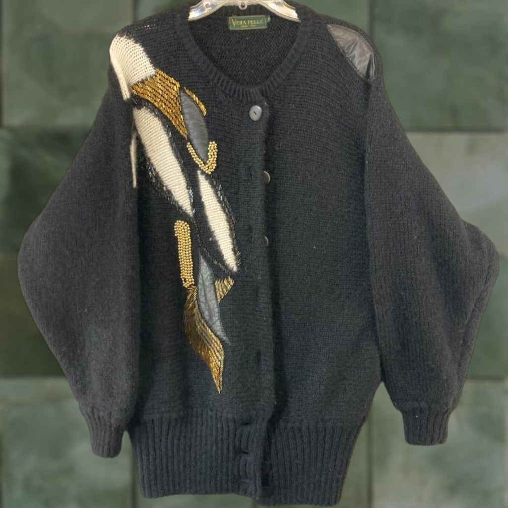 Vera Pelle VINTAGE Vera Pelle Cardigan Medium Black Wool Blend Made in Italy Long Sleeve V-Neck Pockets 80s 90s Womens Size M / US 6-8 / IT 42-44 - 1 Thumbnail
