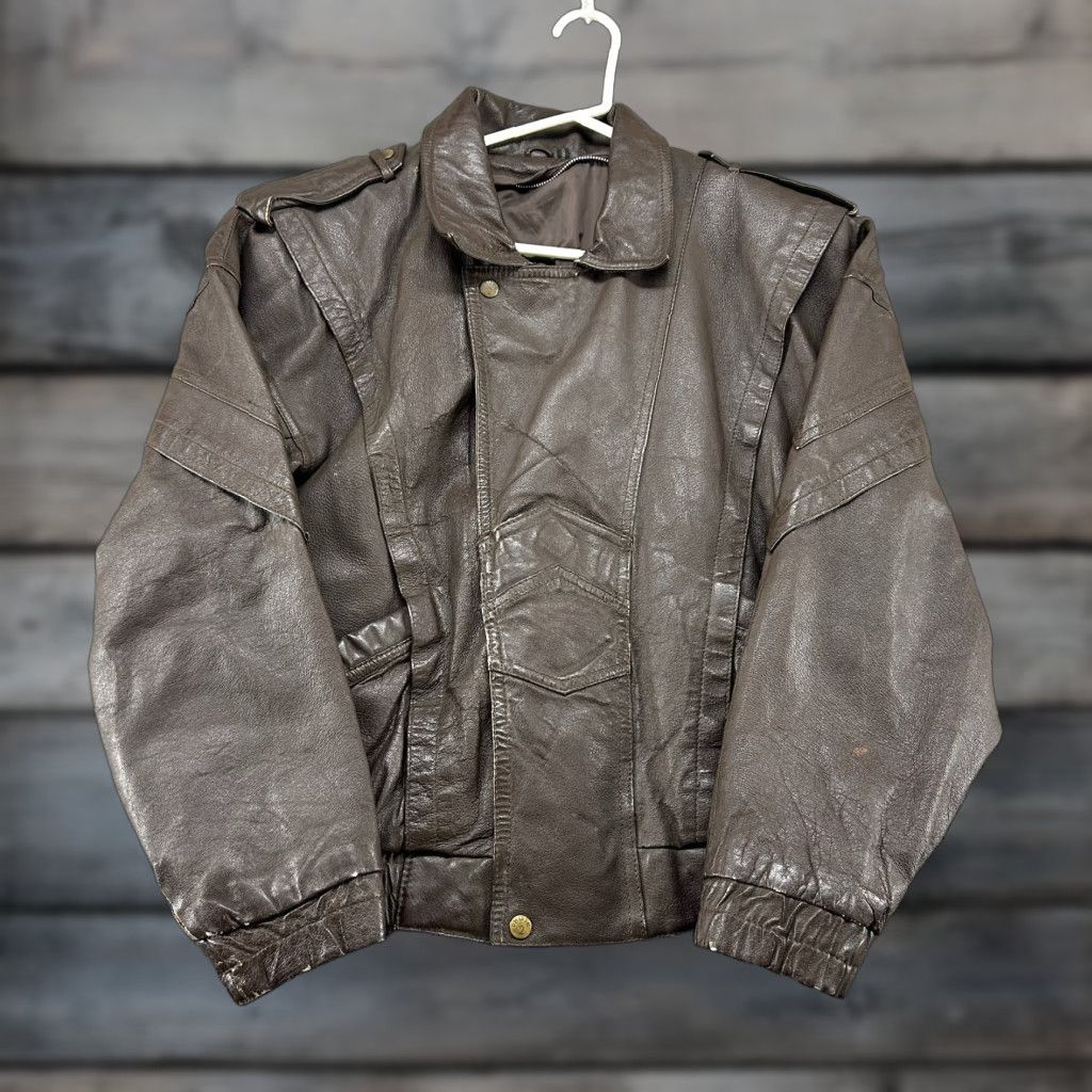 Vintage VINTAGE Leather Jacket Men 36 Bomber Jacket 90s Brown Full Zip Stand-Up Collar Real Leather Mad Max Style Size US XXS / EU 40 - 1 Thumbnail