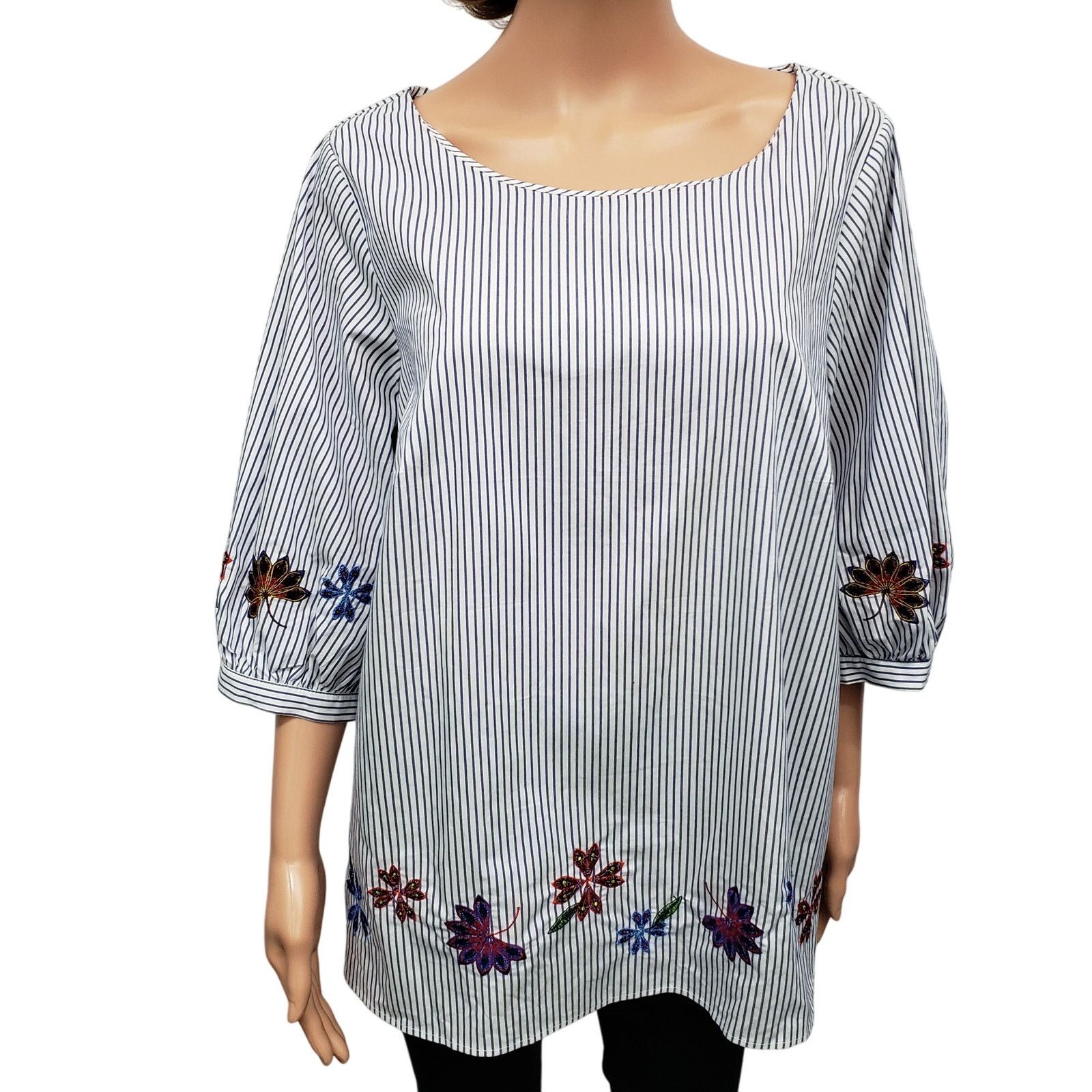 Nordstrom Eloquii Blouse Tunic Top Plus14 Pinstriped Floral Embroidery Size XL / US 12-14 / IT 48-50 - 2 Thumbnail