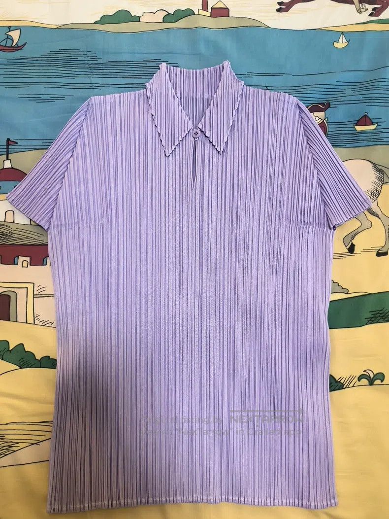 Issey Miyake Issey Miyake Light Purple Ruched Lapel Short-Sleeve Top Size L / US 10 / IT 46 - 1 Thumbnail