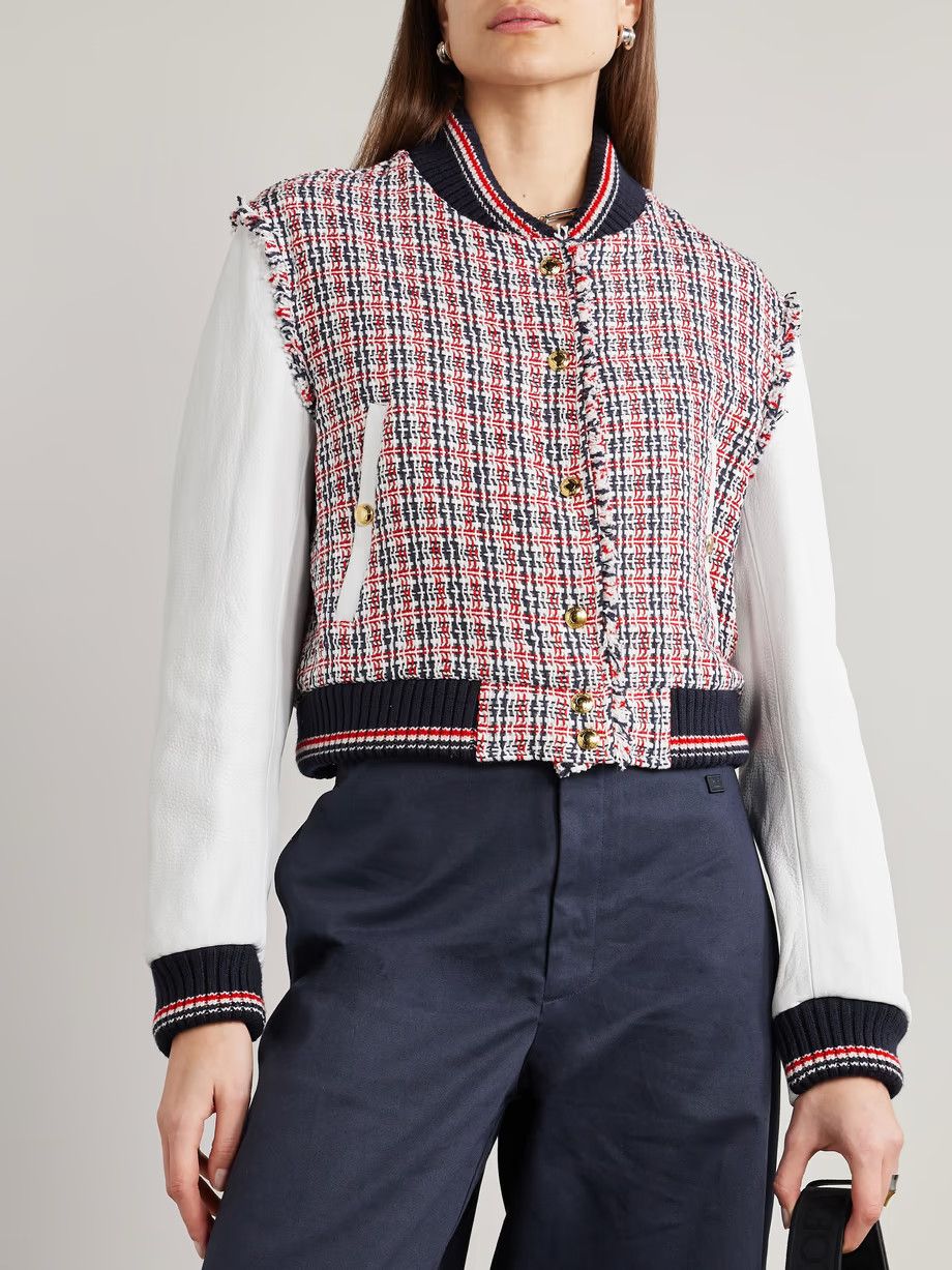 Thom Browne o1s22i1n0924 Tweed Bomber Jacket With Leather Sleeves Size S / US 4 / IT 40 - 3 Thumbnail