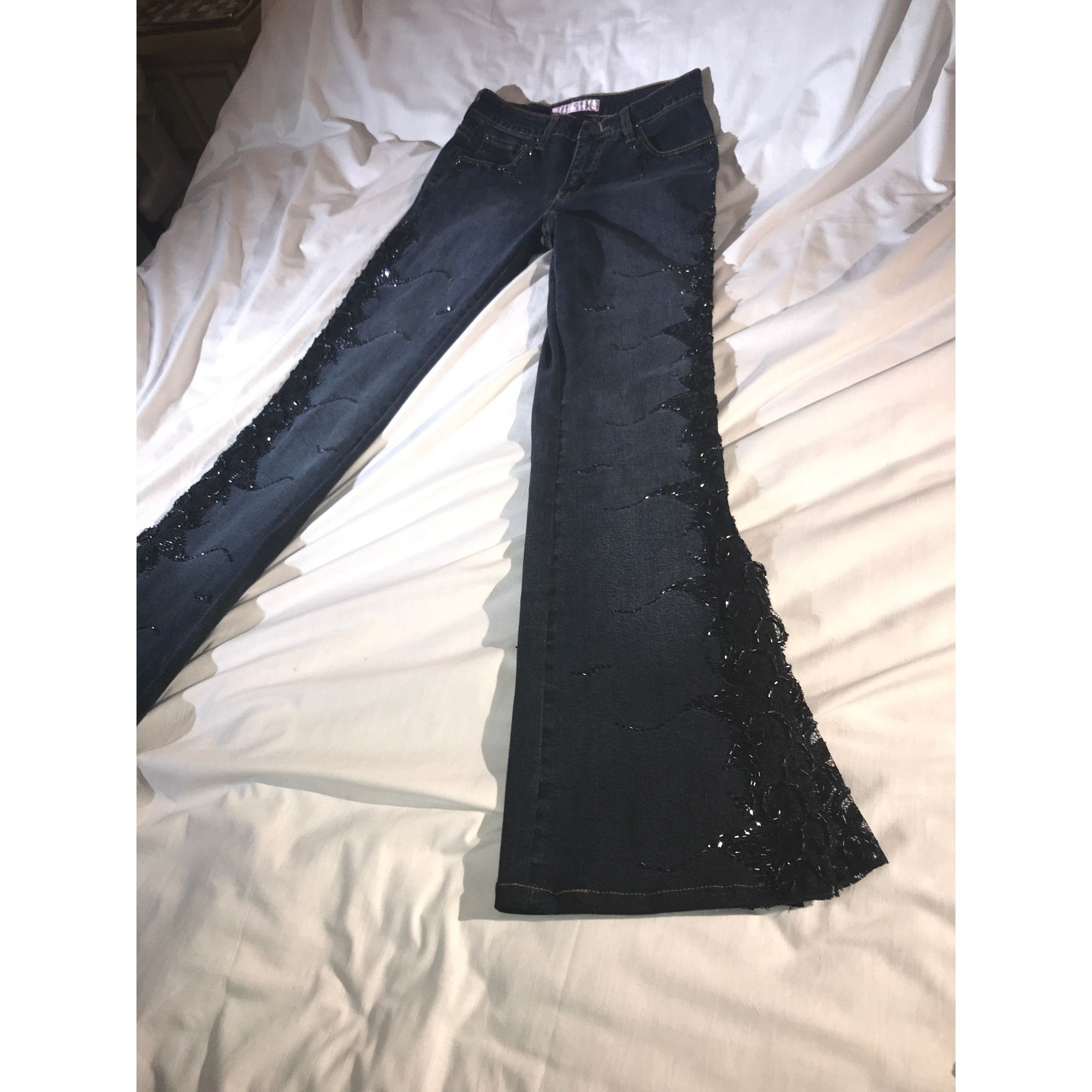Vintage Sassy Thai Women's Vintage Blue & Black Beaded Flare Jeans Size 26" / US 2 / IT 38 - 3 Thumbnail