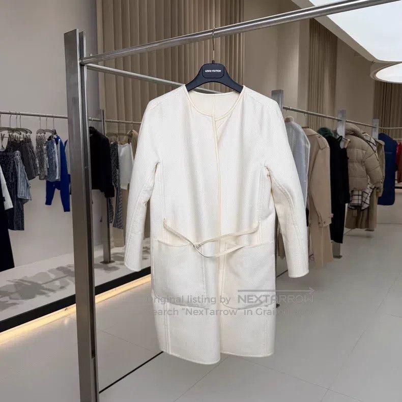 Loro Piana Beige Cashmere Double-Sided Coat with Leather P