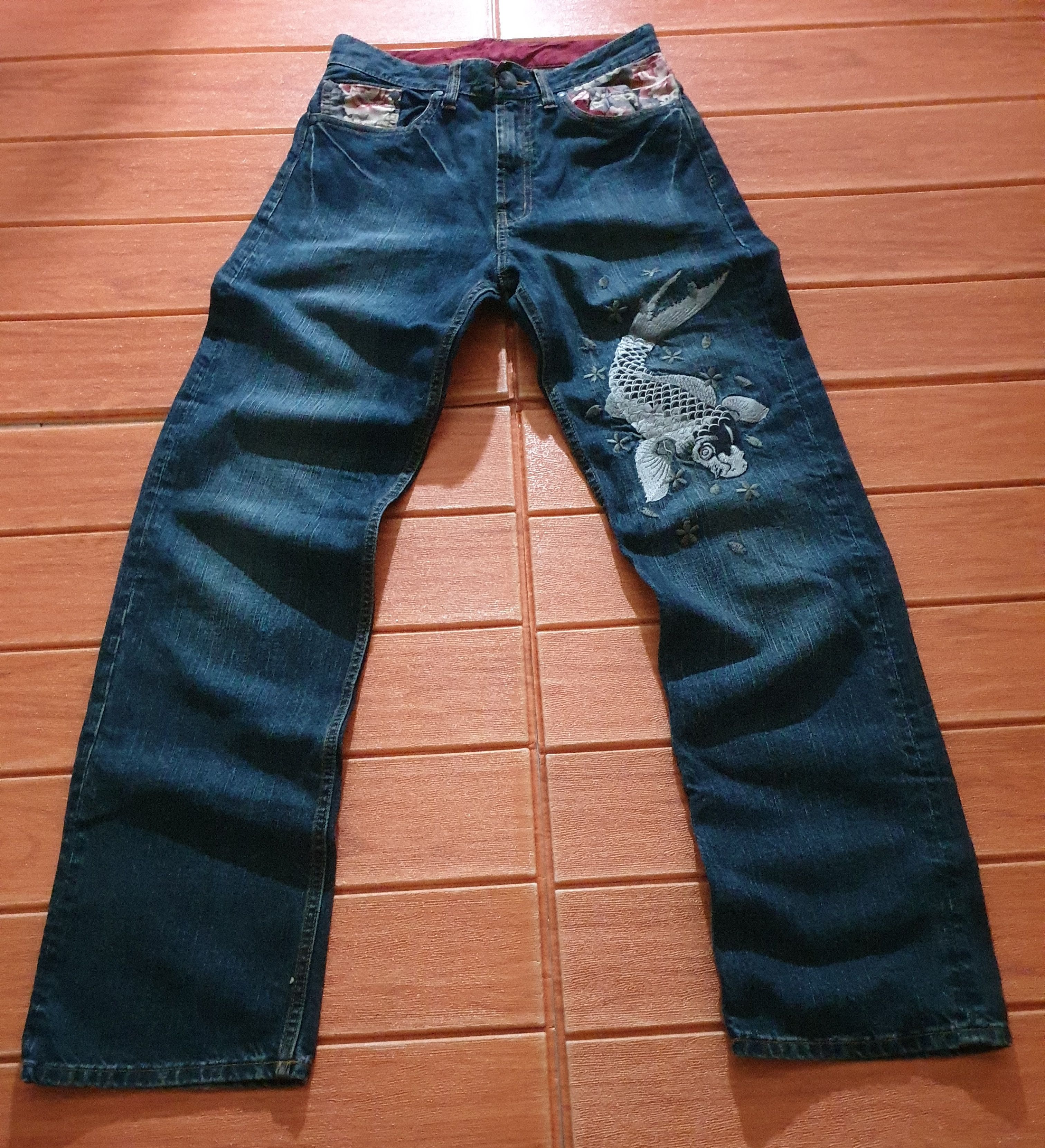 Japanese Brand 💥Koi fish embroidery sukajan denim pant Size US 29 - 3 Thumbnail