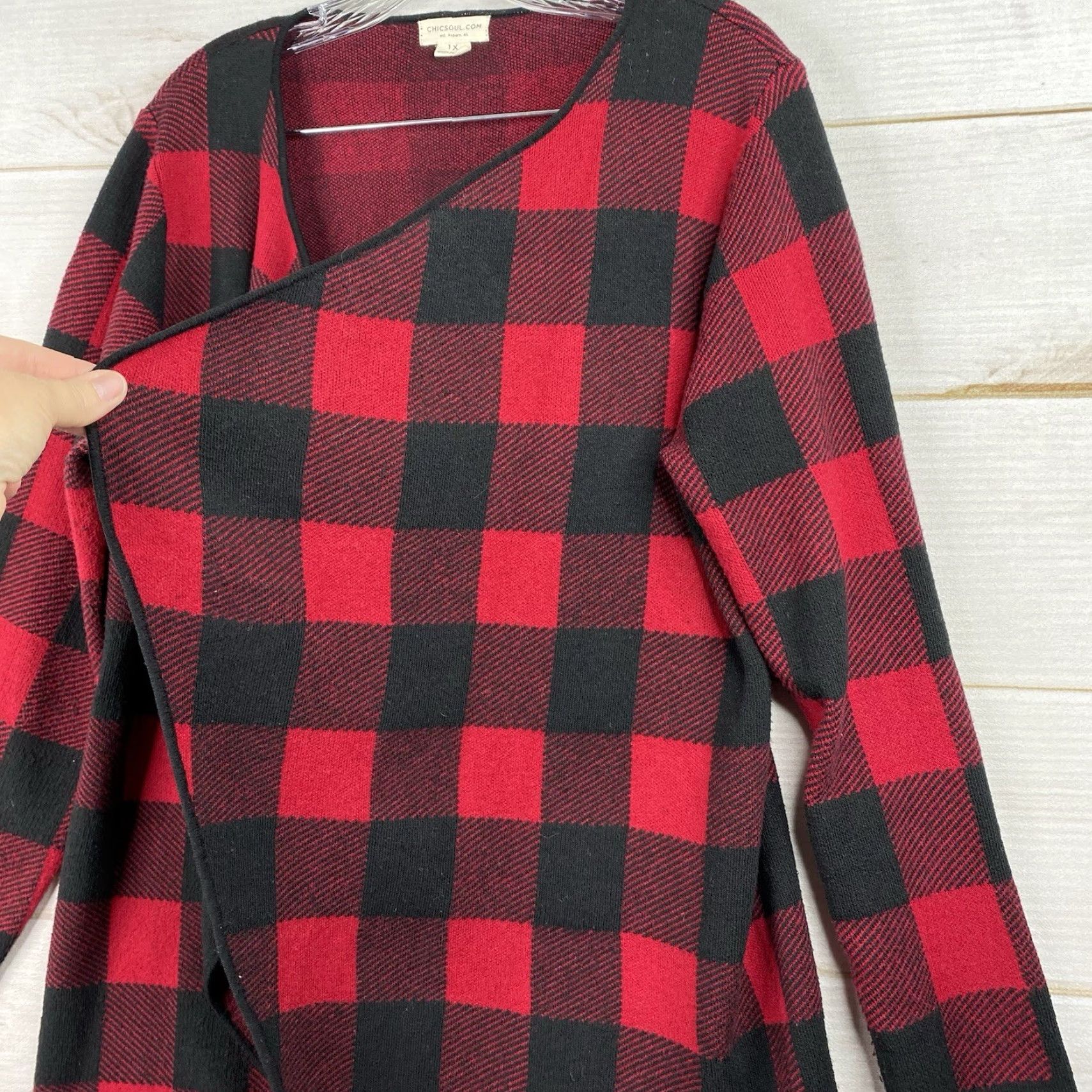 Vintage Chic Soul Cardigan Sweater Womens 1X Red Buffalo Plaid Open Front Draped Duster Size XL / US 12-14 / IT 48-50 - 2 Thumbnail