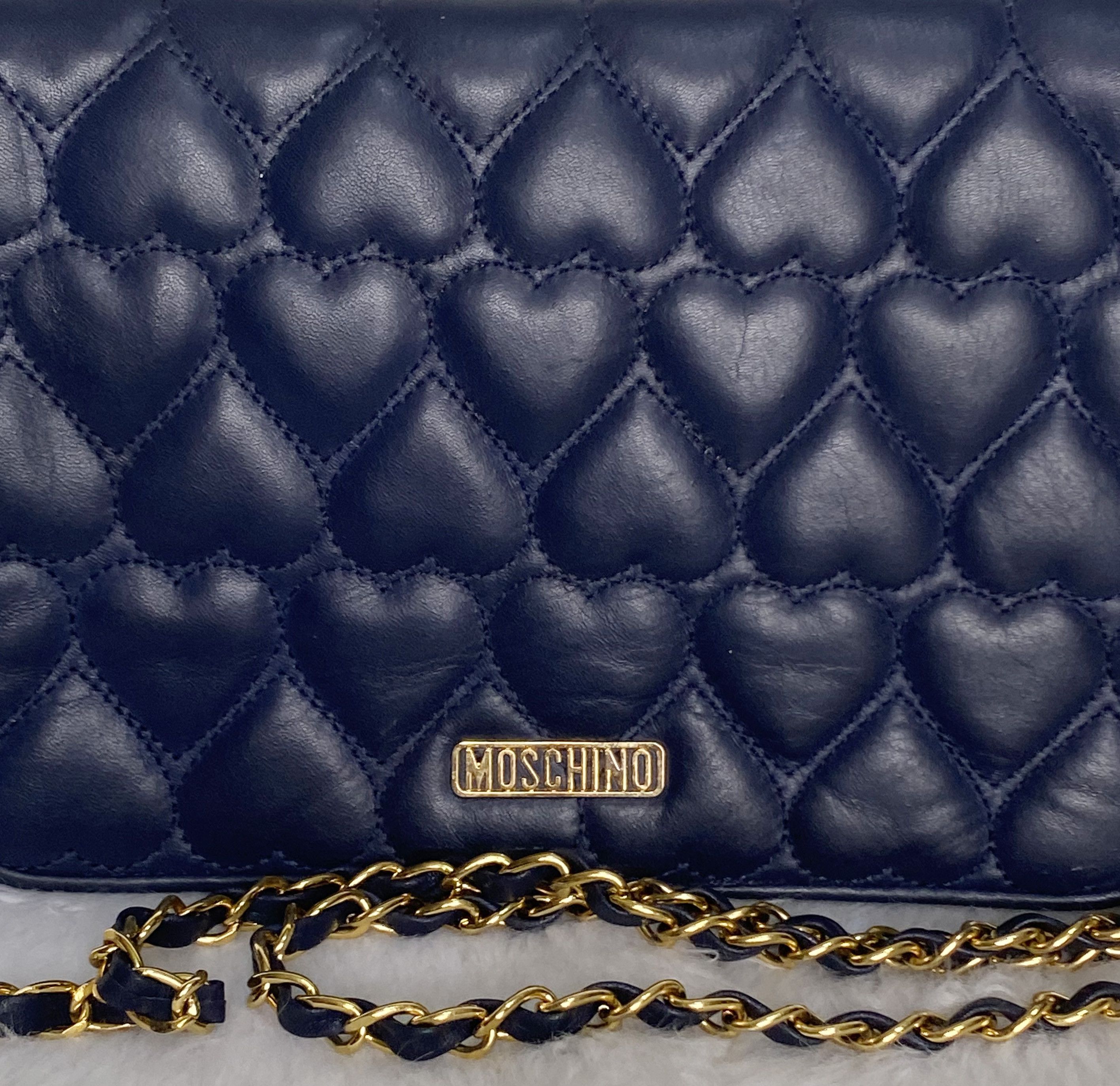Moschino Vintage Navy Quilted Hearts Leather Crossbody Bag Size ONE SIZE - 9 Thumbnail