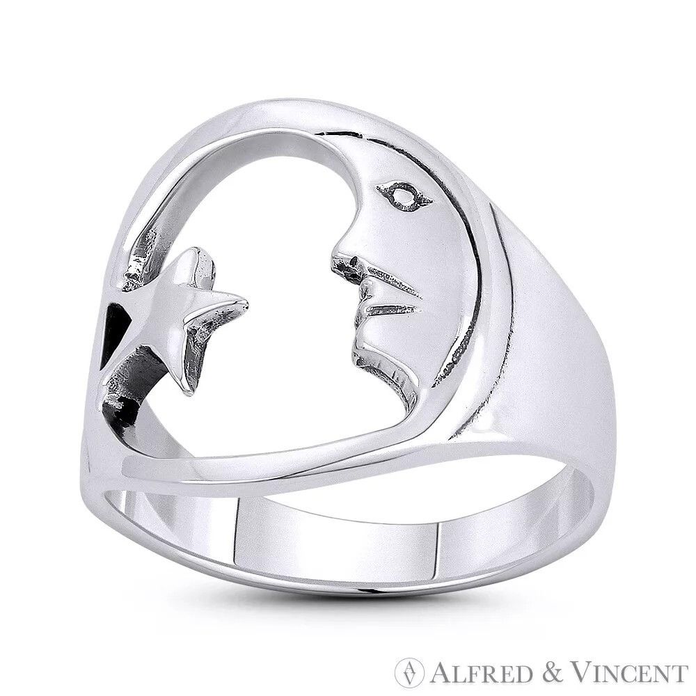 Other Waxing Crescent Moon Face & Star Lunar Charm Ring Size ONE SIZE - 1 Preview