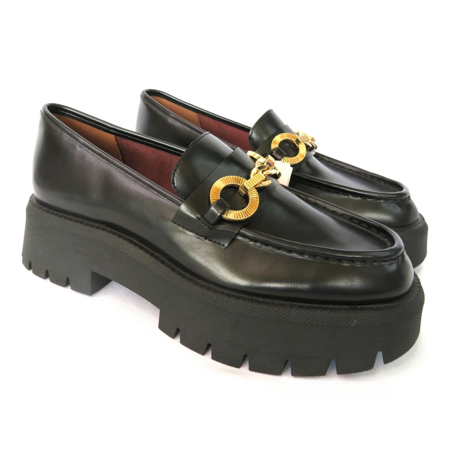 Zara ZARA Women Black Chunky Lug Sole Loafers w/ Gold Ring Size US 9 / IT 39 - 1 Thumbnail