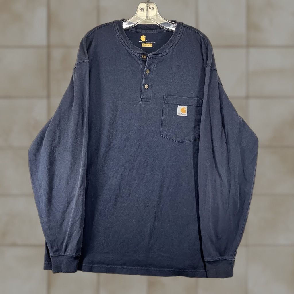 Carhartt Carhartt Mens Navy Large Long Sleeve Henley T-Shirt Heavy Cotton Regular Fit Pockets Logo Blue Size US L / EU 52-54 / 3 - 1 Thumbnail