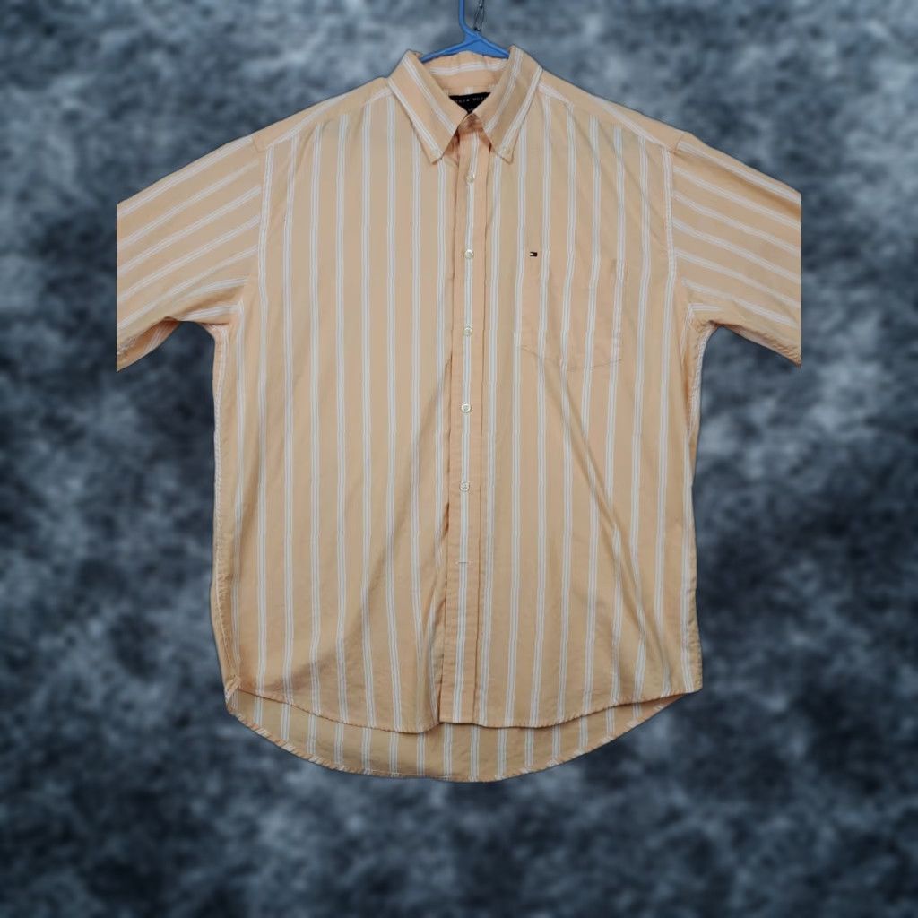 Tommy Hilfiger VINTAGE Tommy Hilfiger Shirt Mens L Orange Striped Long Sleeve Retro Dress Shirt Size 42R - 1 Thumbnail