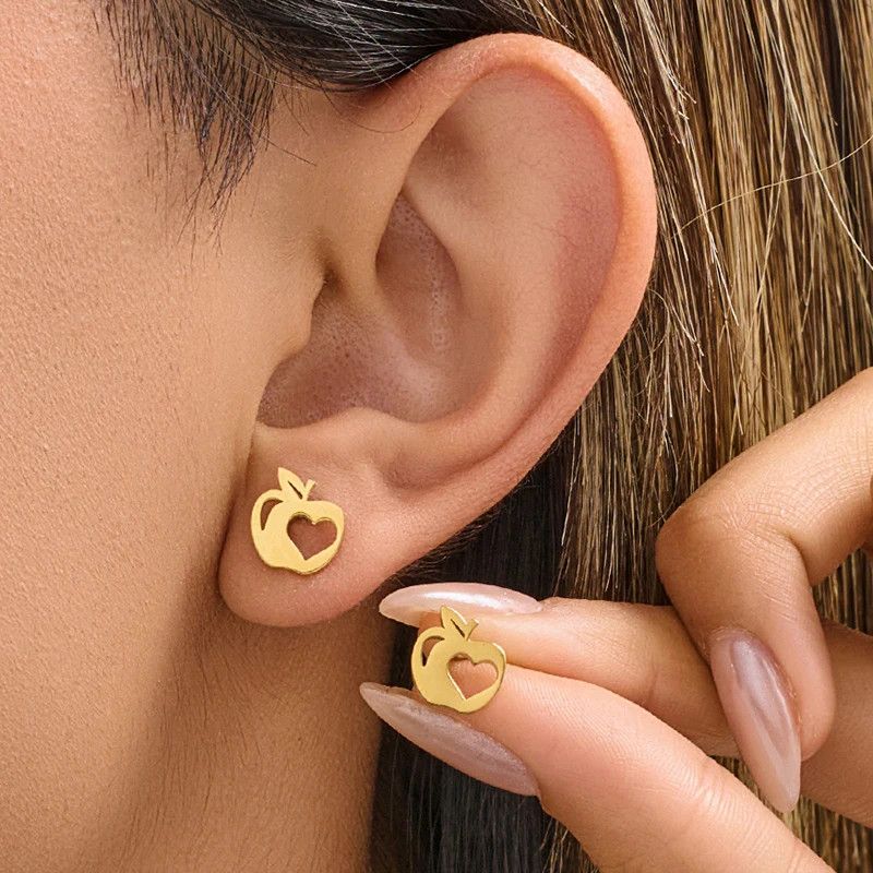 Jewelry Apple Love Heart Mini Stud Earrings Charm Earring Gift Size ONE SIZE - 1 Thumbnail