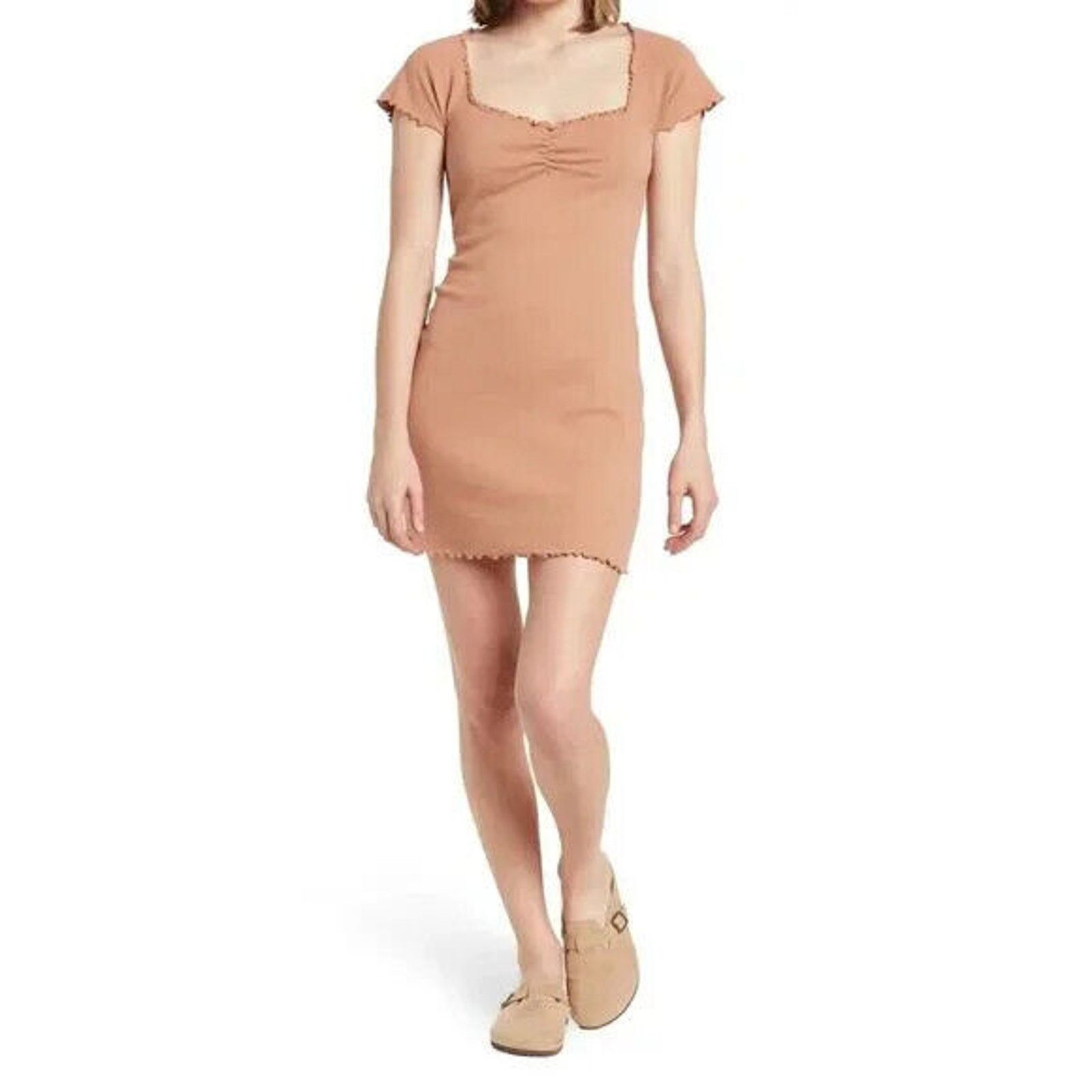 Nordstrom Abound Lettuce Edge Mini Dress Tan Ruched Organic Cotton Size M / US 6-8 / IT 42-44 - 2 Thumbnail