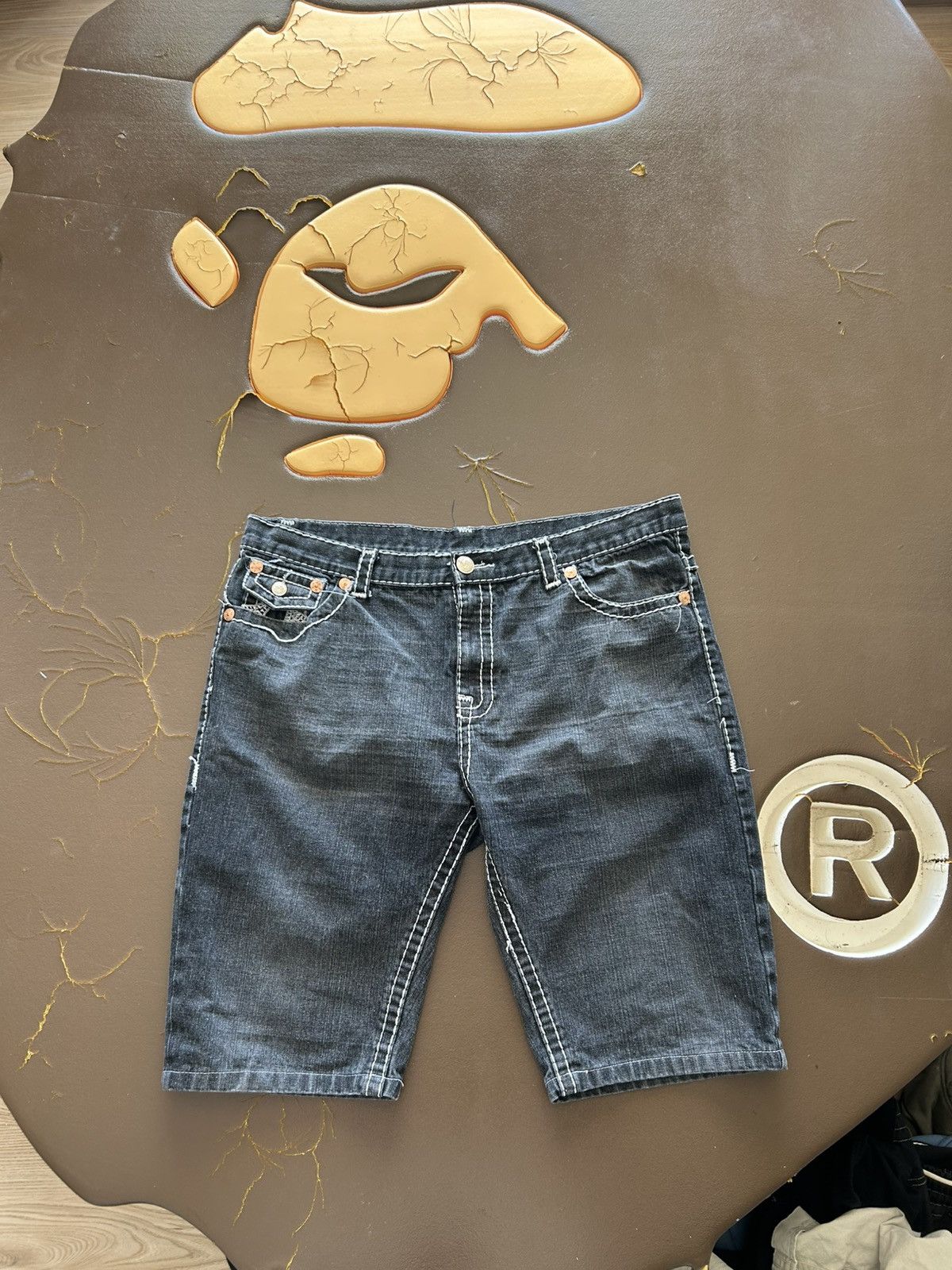 True Religion Baggy White Line Denim Shorts Washed Black